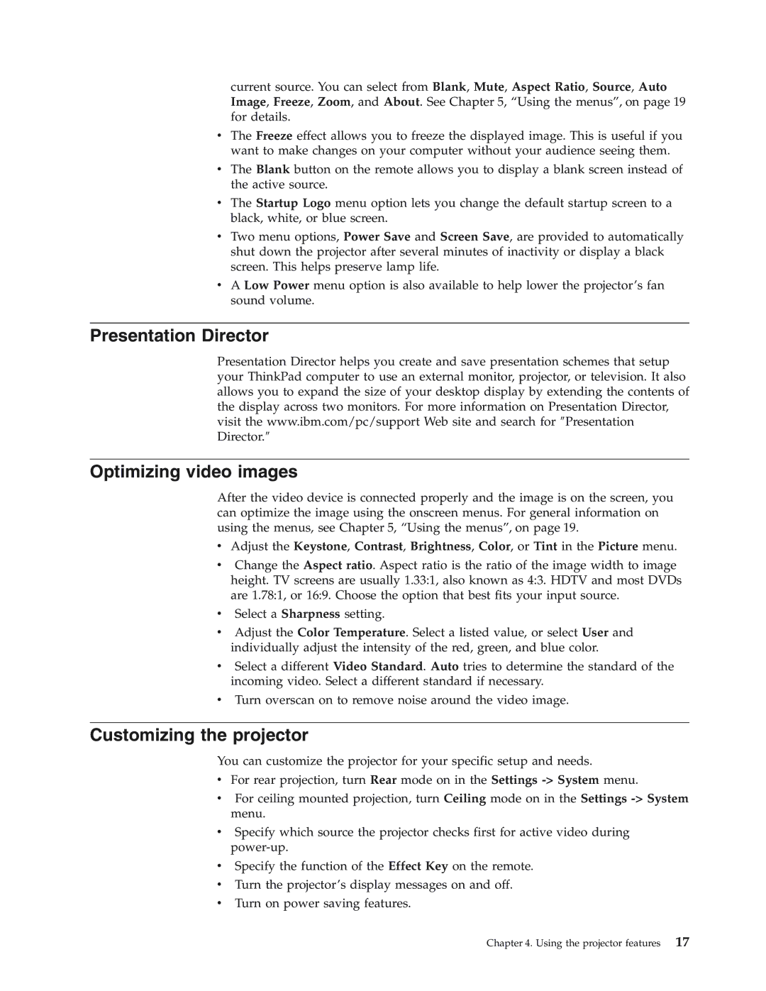 IBM Partner Pavilion iLC300 manual Presentation Director Optimizing video images, Customizing the projector 
