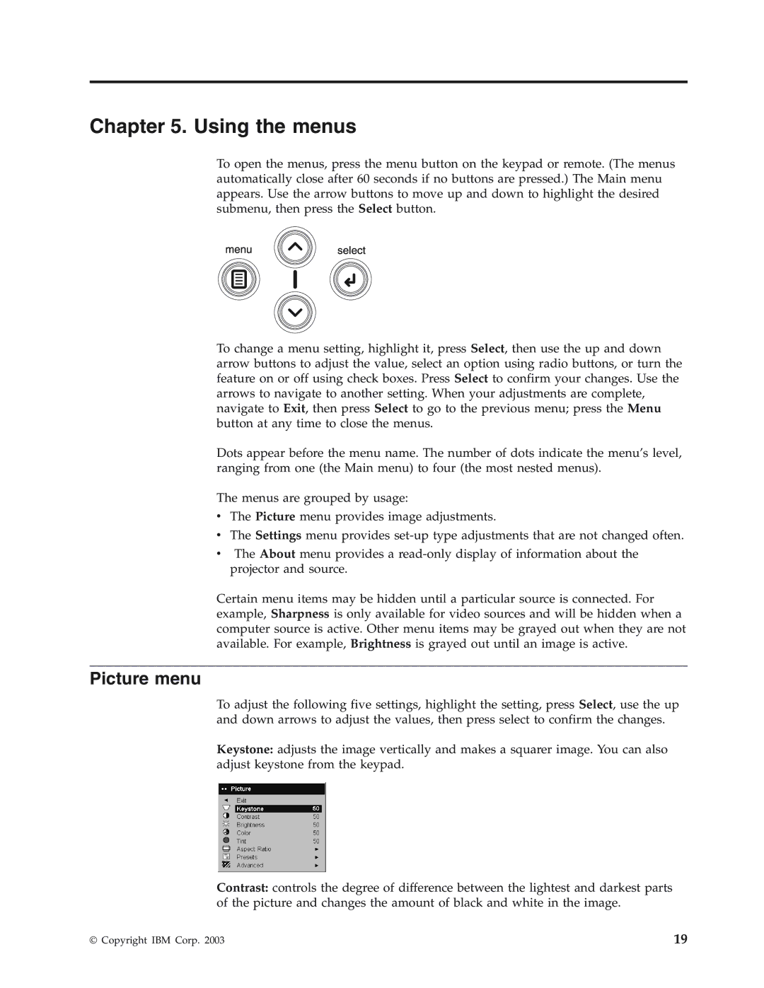 IBM Partner Pavilion iLC300 manual Using the menus, Picture menu 