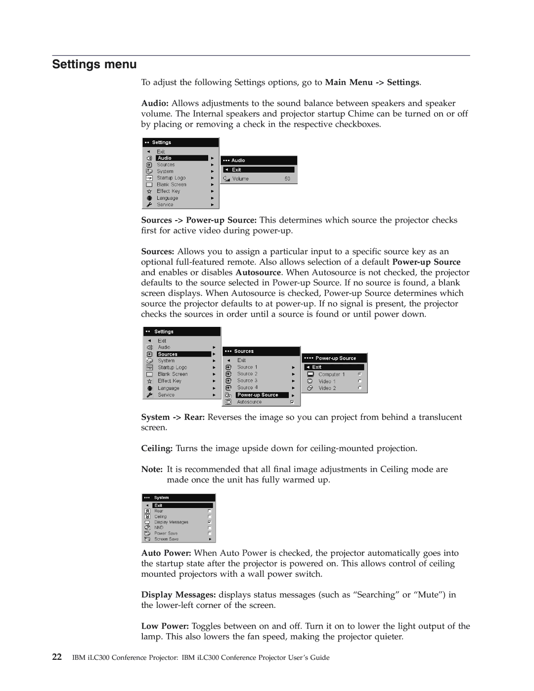 IBM Partner Pavilion iLC300 manual Settings menu 