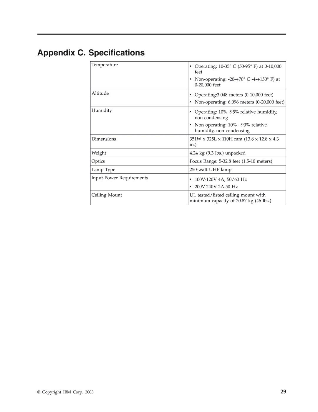 IBM Partner Pavilion iLC300 manual Appendix C. Specifications 