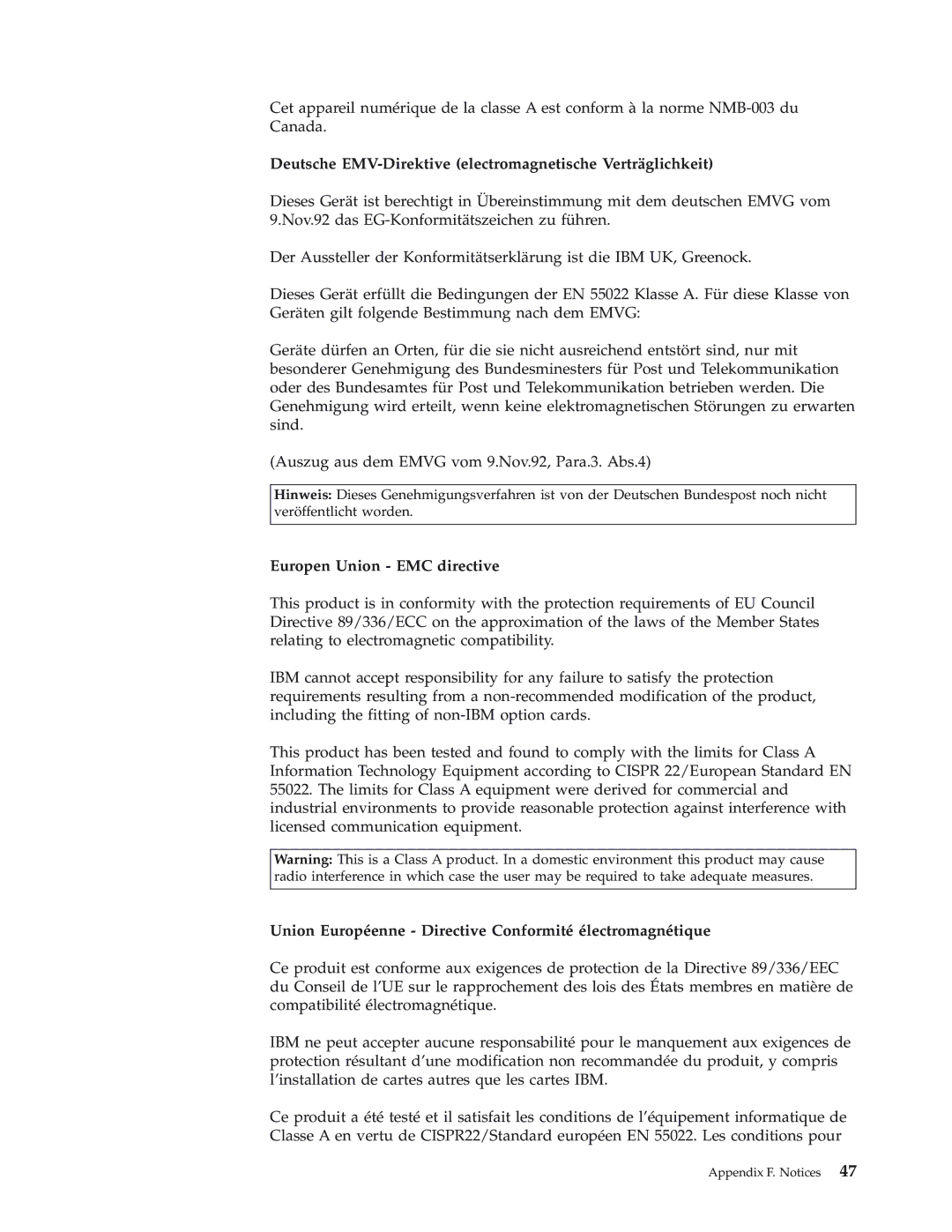 IBM Partner Pavilion iLC300 manual Deutsche EMV-Direktive electromagnetische Verträglichkeit, Europen Union EMC directive 