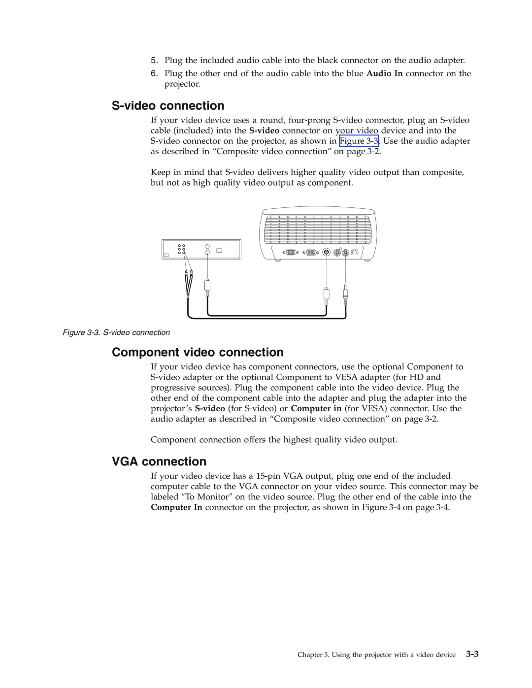 IBM Partner Pavilion iLV300 manual S-video connection, Component video connection, VGA connection 