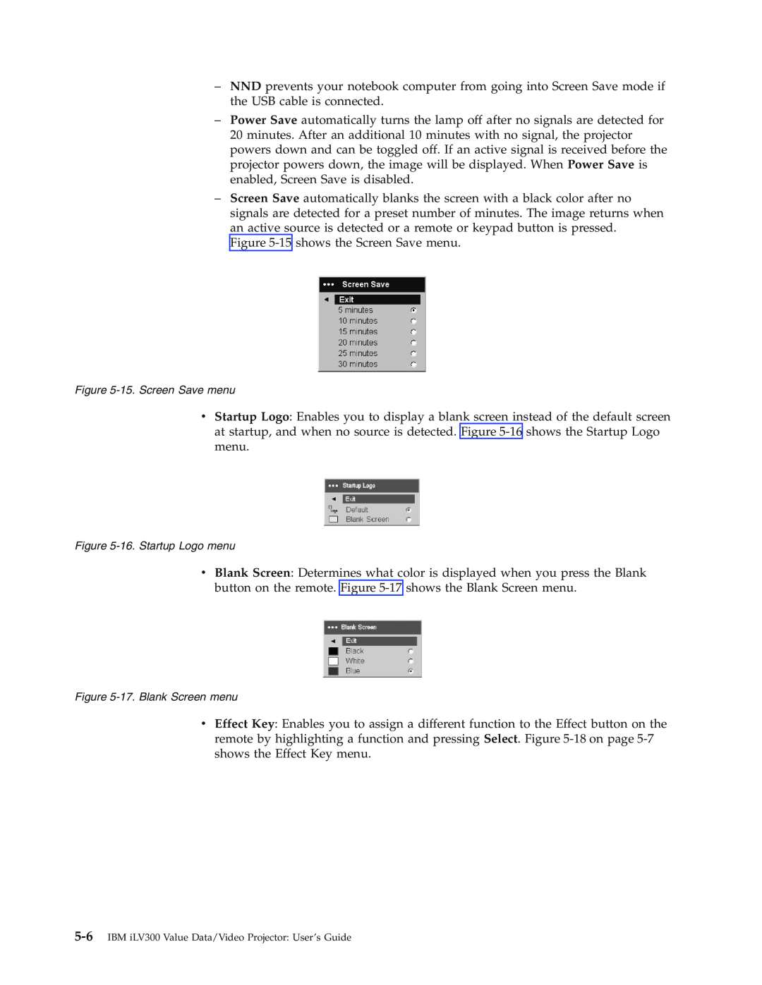 IBM Partner Pavilion iLV300 manual 15 shows the Screen Save menu 