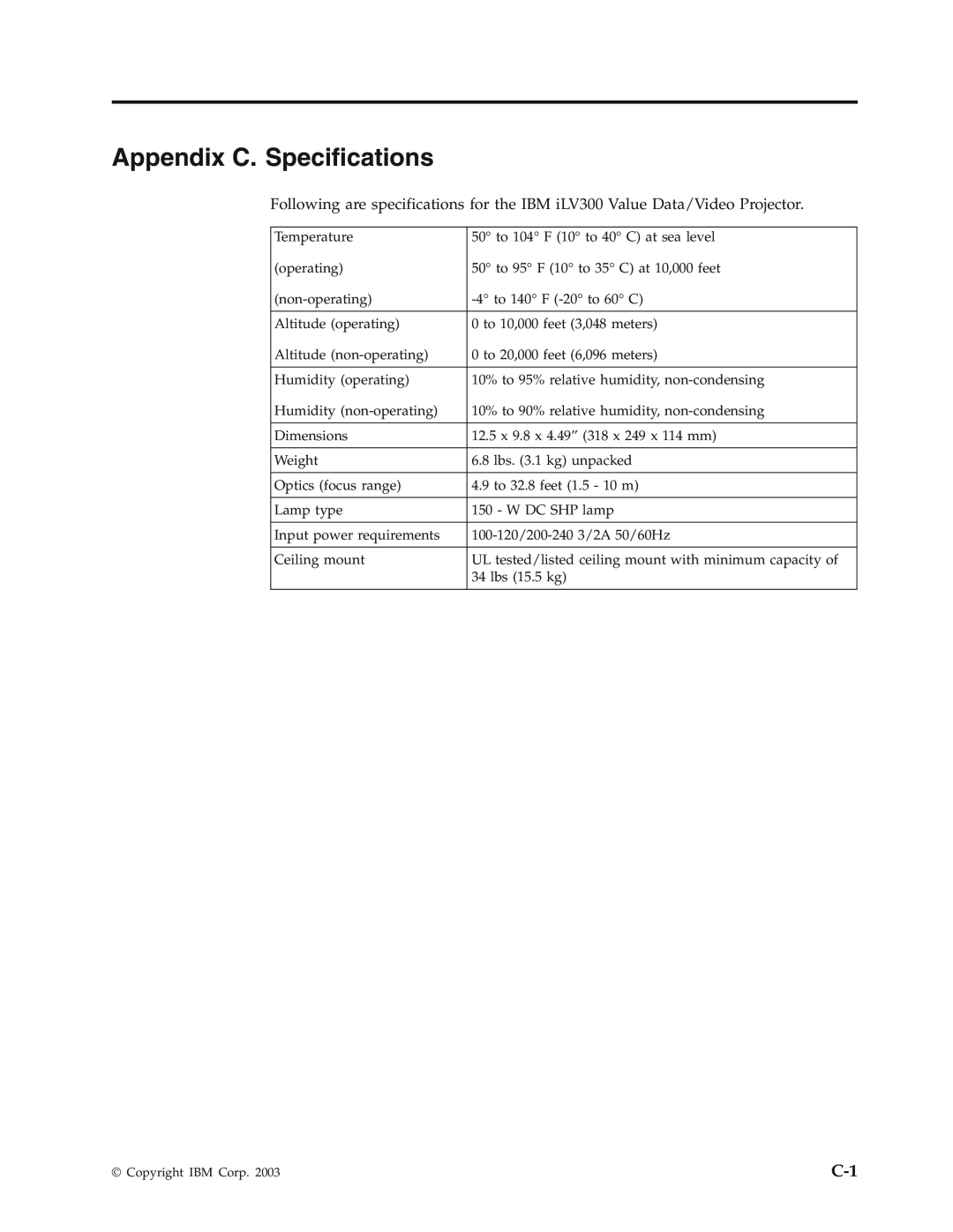 IBM Partner Pavilion iLV300 manual Appendix C. Specifications 