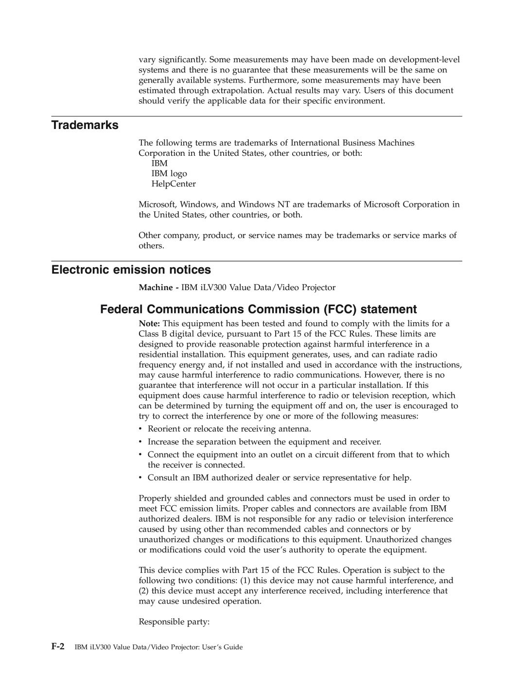 IBM Partner Pavilion iLV300 manual Trademarks, Electronic emission notices, Federal Communications Commission FCC statement 