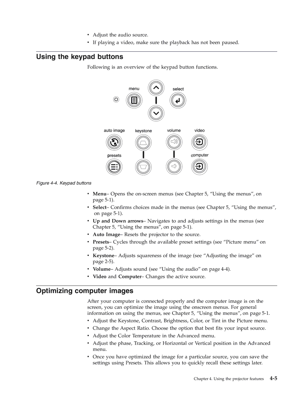 IBM Partner Pavilion iLV300 manual Using the keypad buttons, Optimizing computer images 