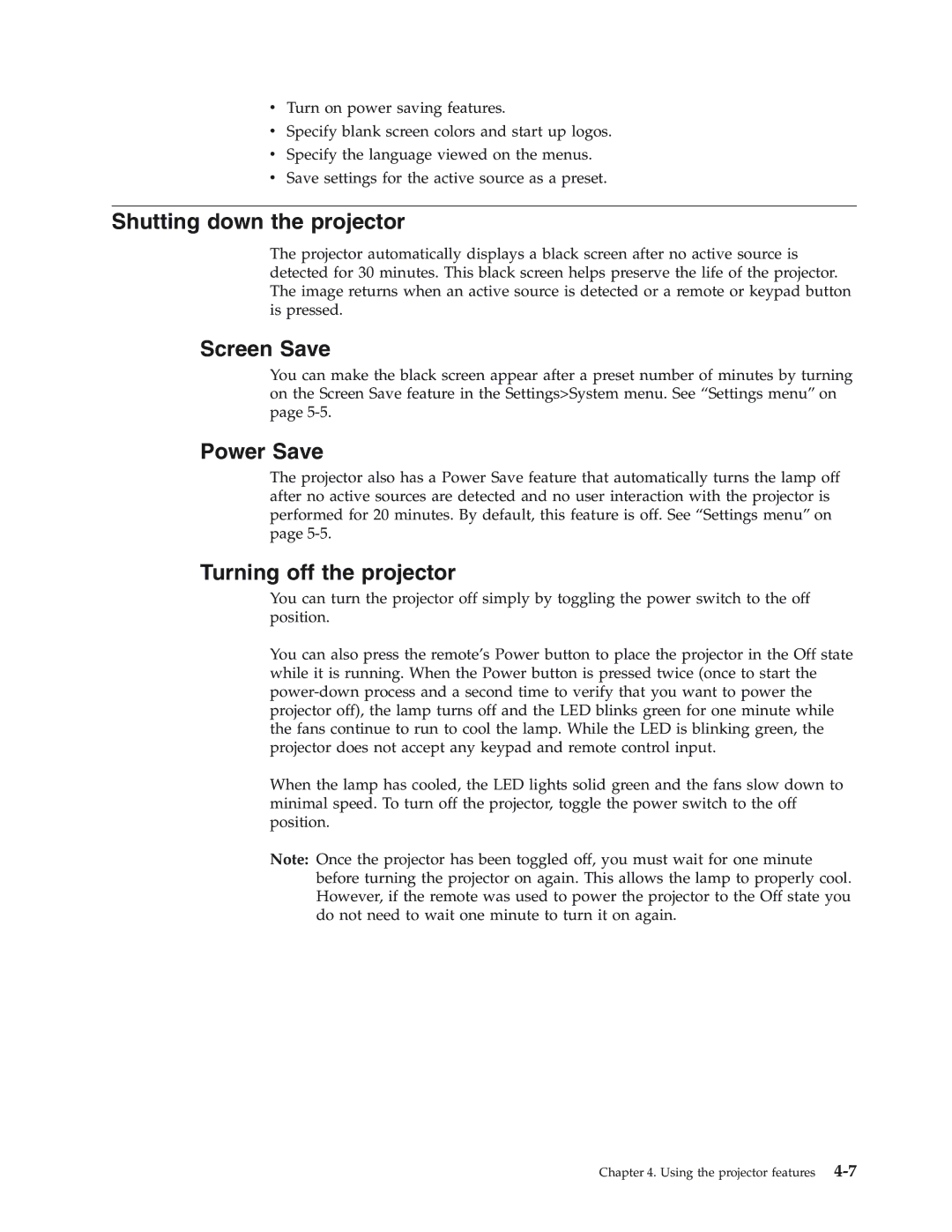 IBM Partner Pavilion iLV300 manual Shutting down the projector, Screen Save, Power Save, Turning off the projector 