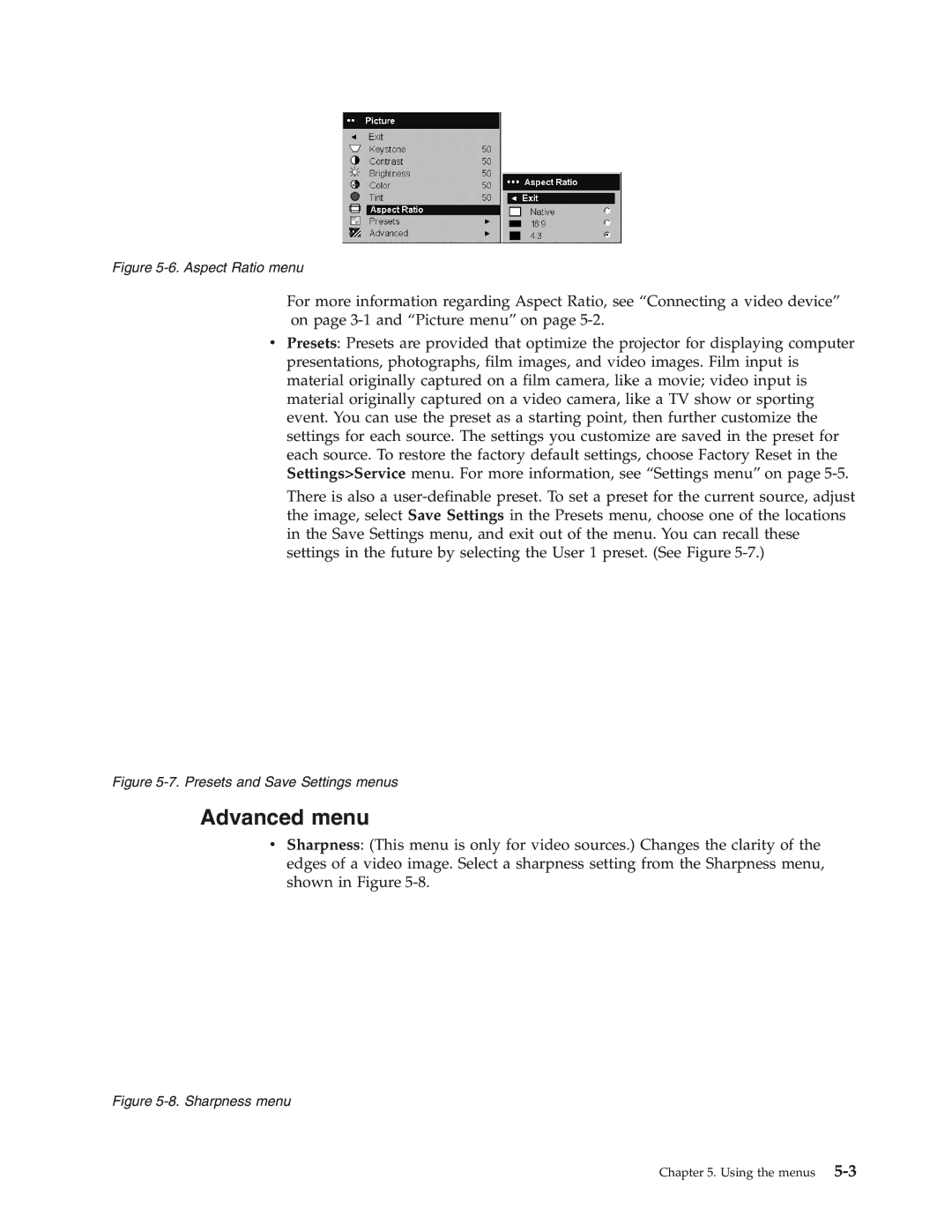 IBM Partner Pavilion iLV300 manual Advanced menu, Aspect Ratio menu 