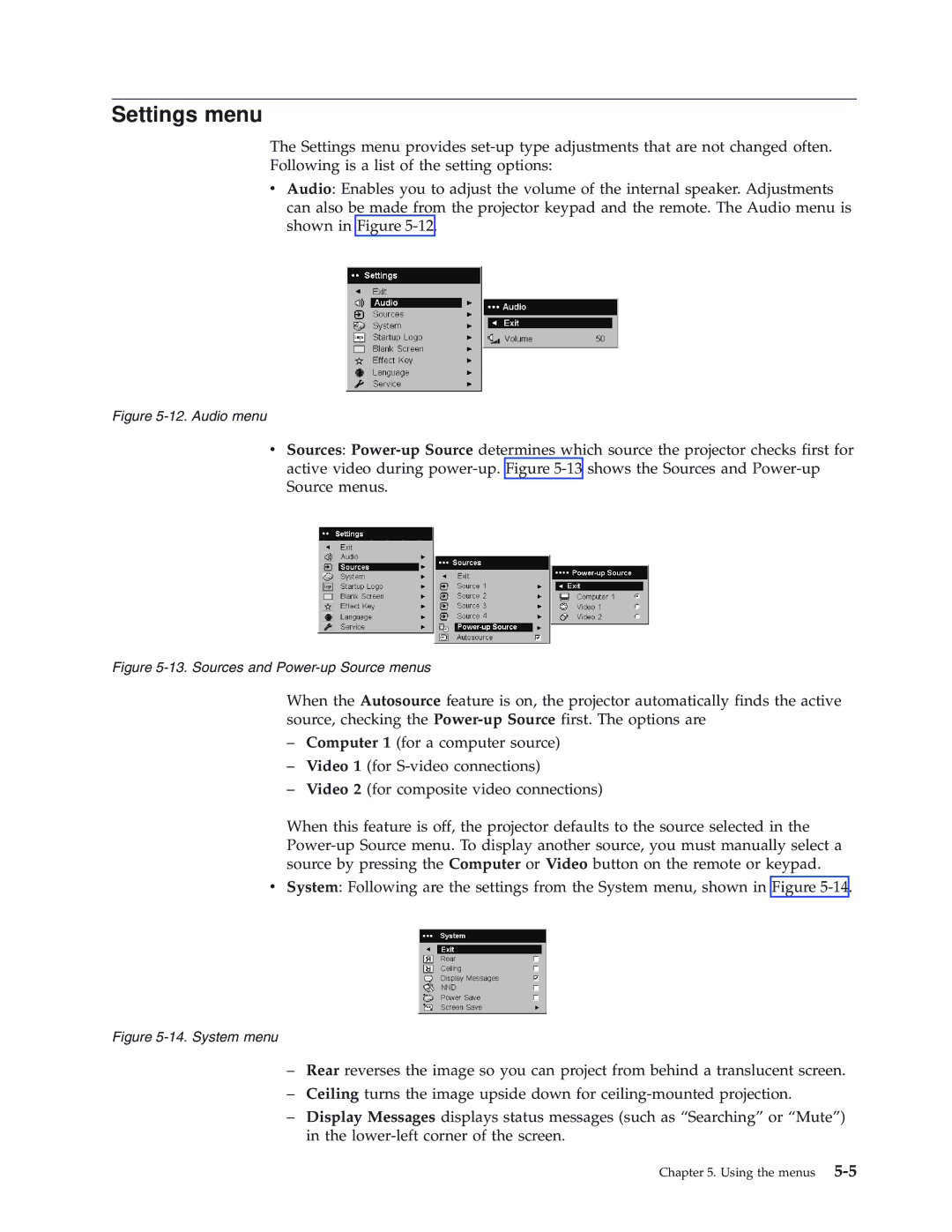 IBM Partner Pavilion iLV300 manual Settings menu, Audio menu 