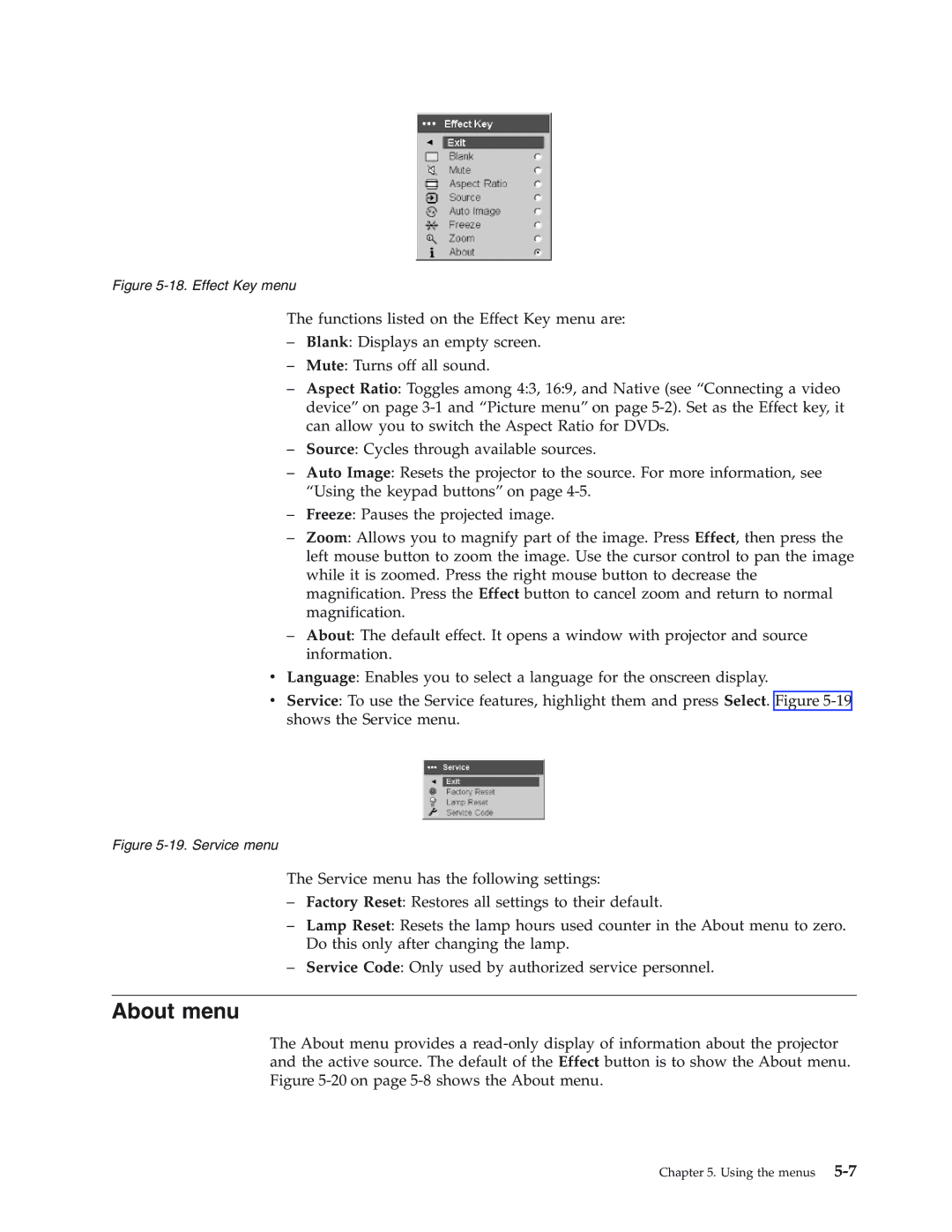 IBM Partner Pavilion iLV300 manual About menu, Effect Key menu 