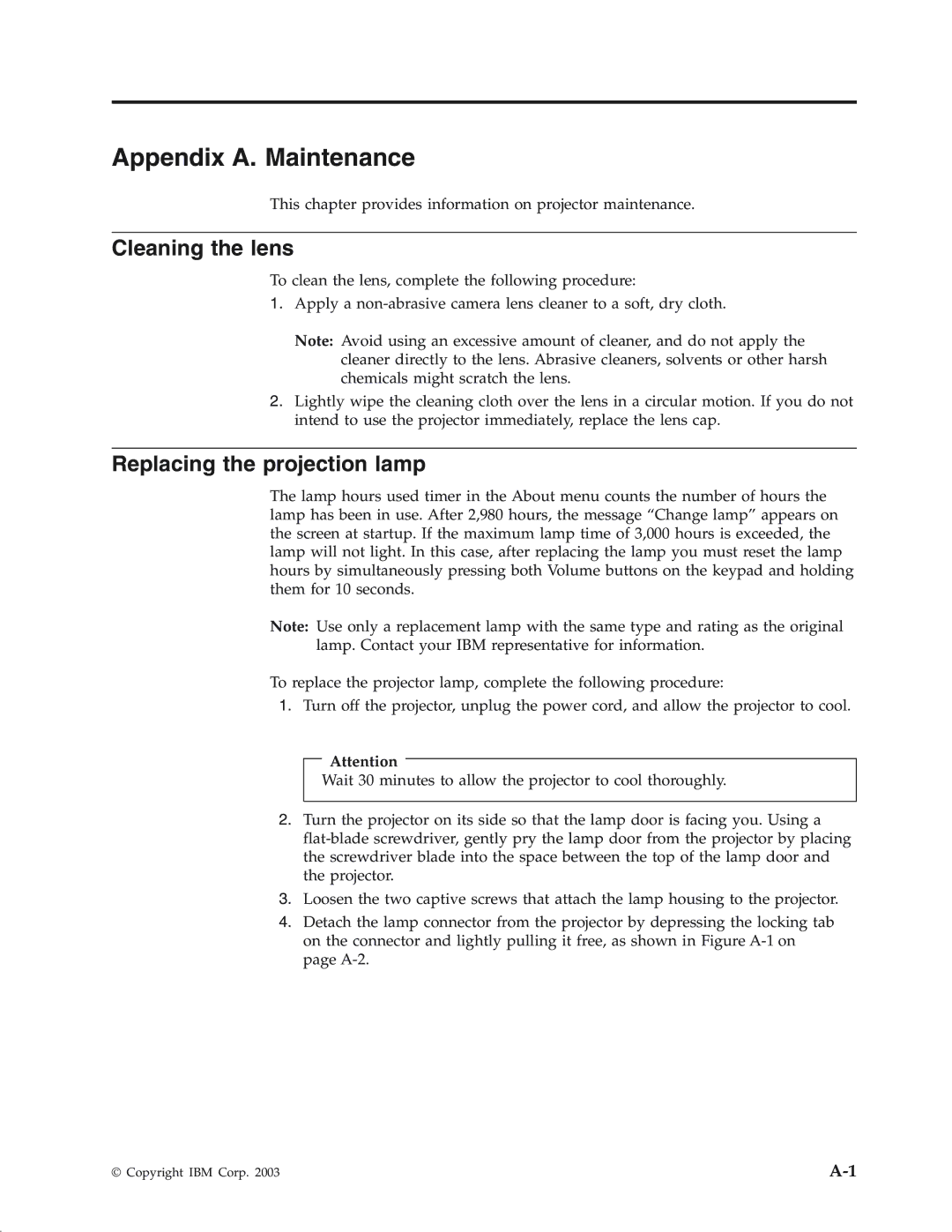 IBM Partner Pavilion iLV300 manual Appendix A. Maintenance, Cleaning the lens, Replacing the projection lamp 