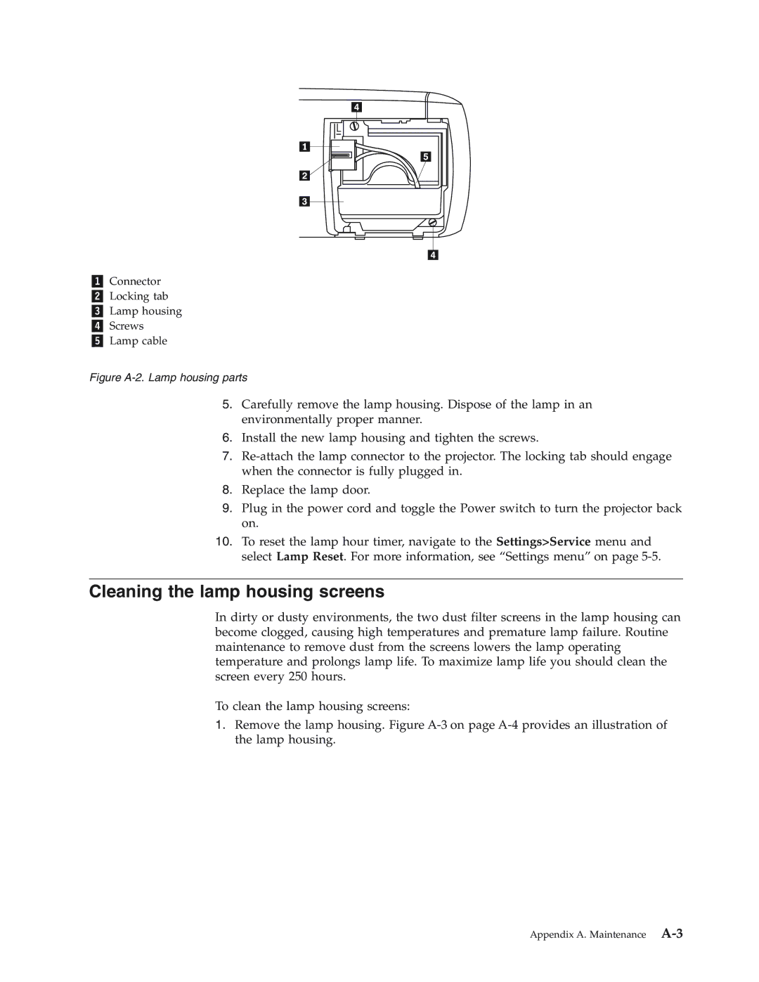 IBM Partner Pavilion iLV300 manual Cleaning the lamp housing screens, Figure A-2. Lamp housing parts 