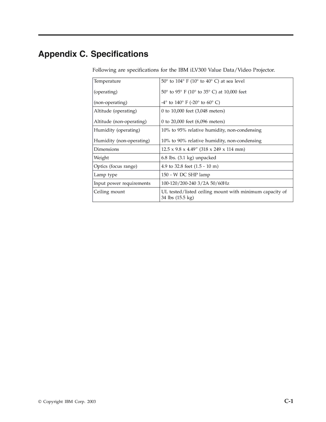 IBM Partner Pavilion iLV300 manual Appendix C. Specifications 