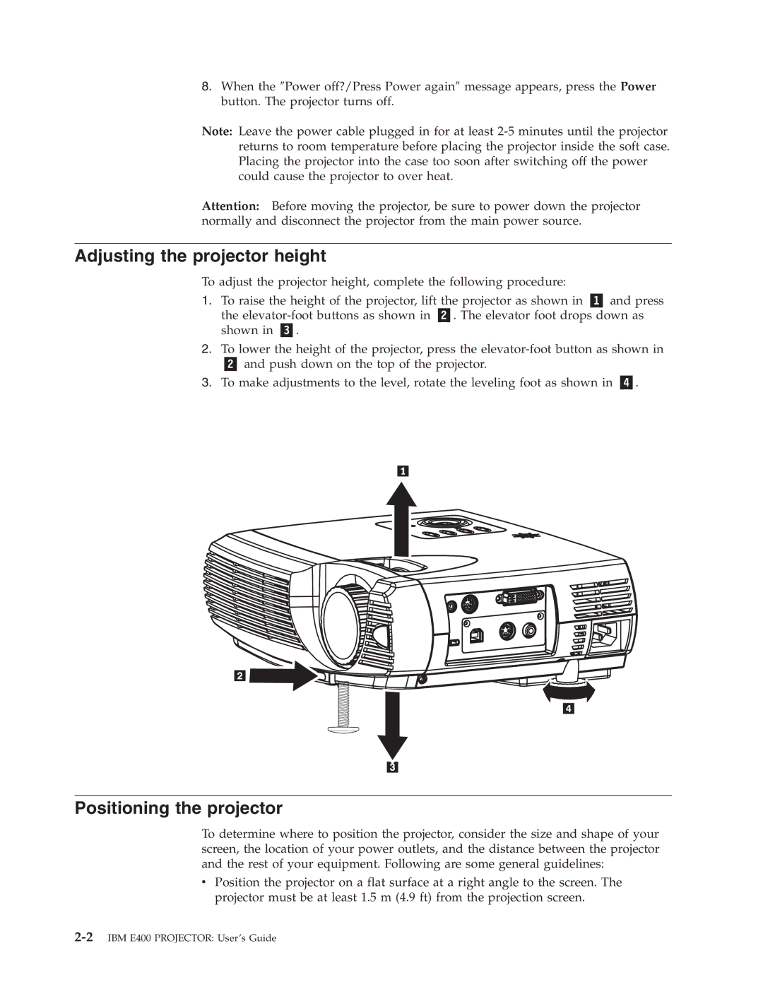 IBM Partner Pavilion PROJECTOR E400 manual Adjusting the projector height, Positioning the projector 