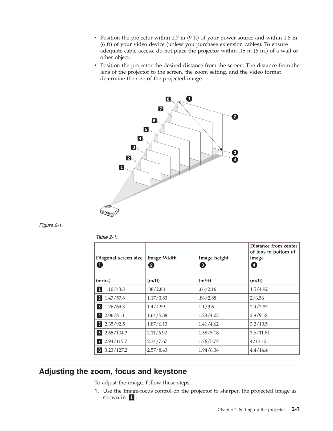 IBM Partner Pavilion PROJECTOR E400 Adjusting the zoom, focus and keystone, Diagonal screen size Image Width Image height 