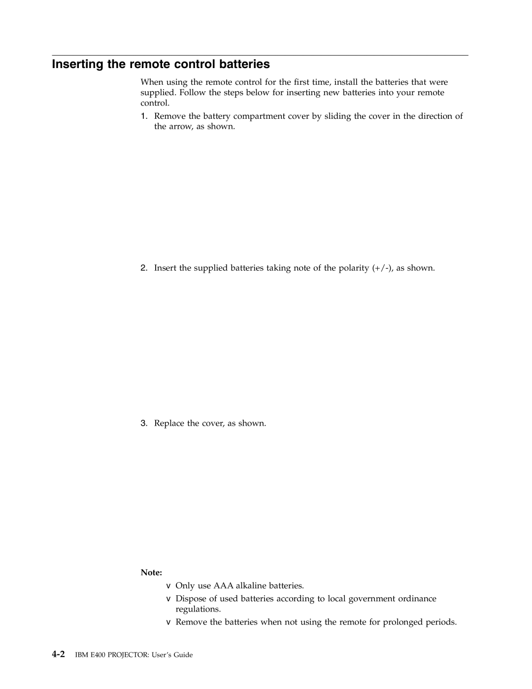 IBM Partner Pavilion PROJECTOR E400 manual Inserting the remote control batteries 