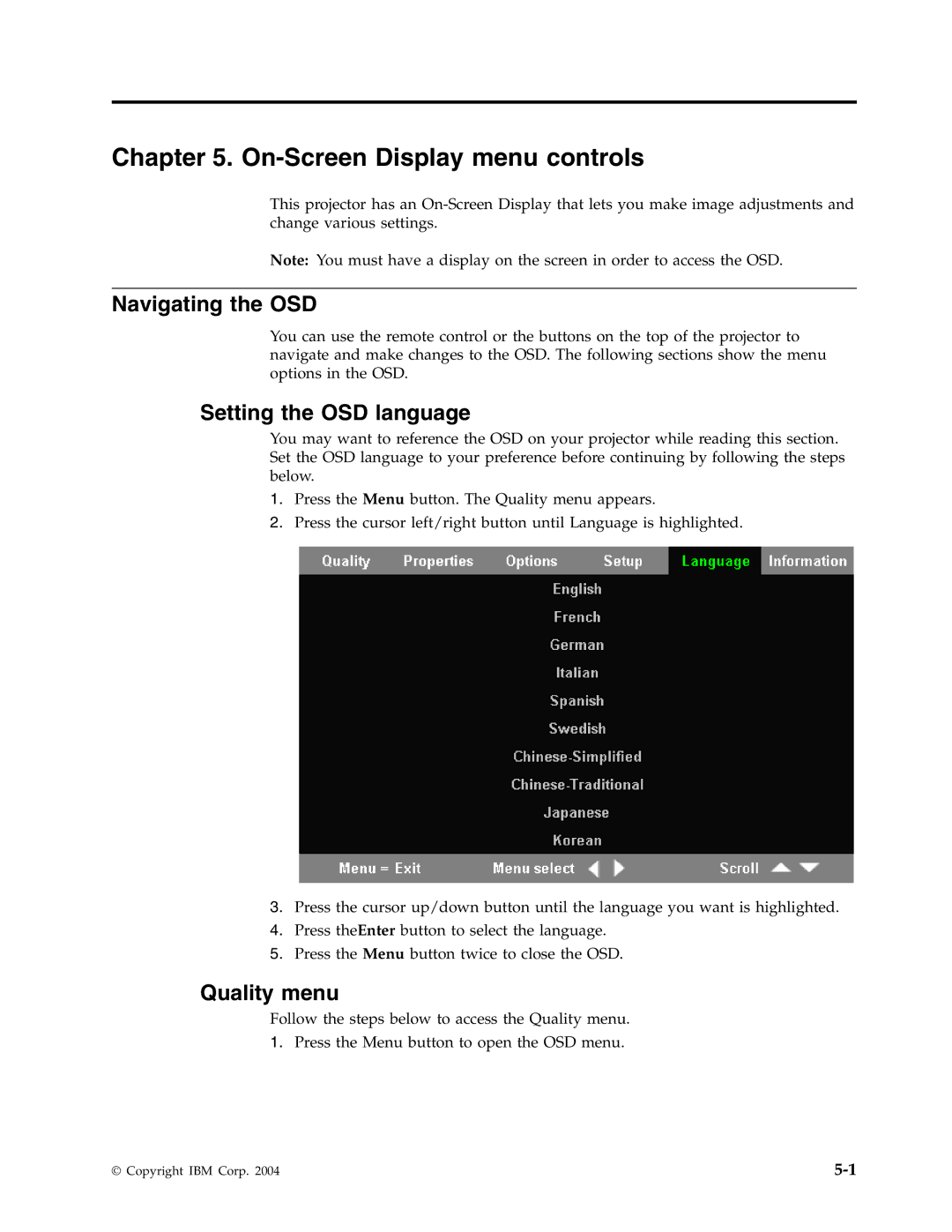 IBM Partner Pavilion PROJECTOR E400 manual On-Screen Display menu controls, Navigating the OSD, Setting the OSD language 