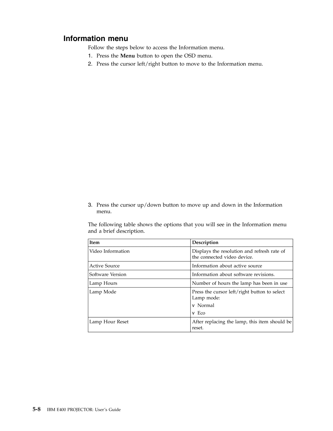 IBM Partner Pavilion PROJECTOR E400 manual Information menu, Description 