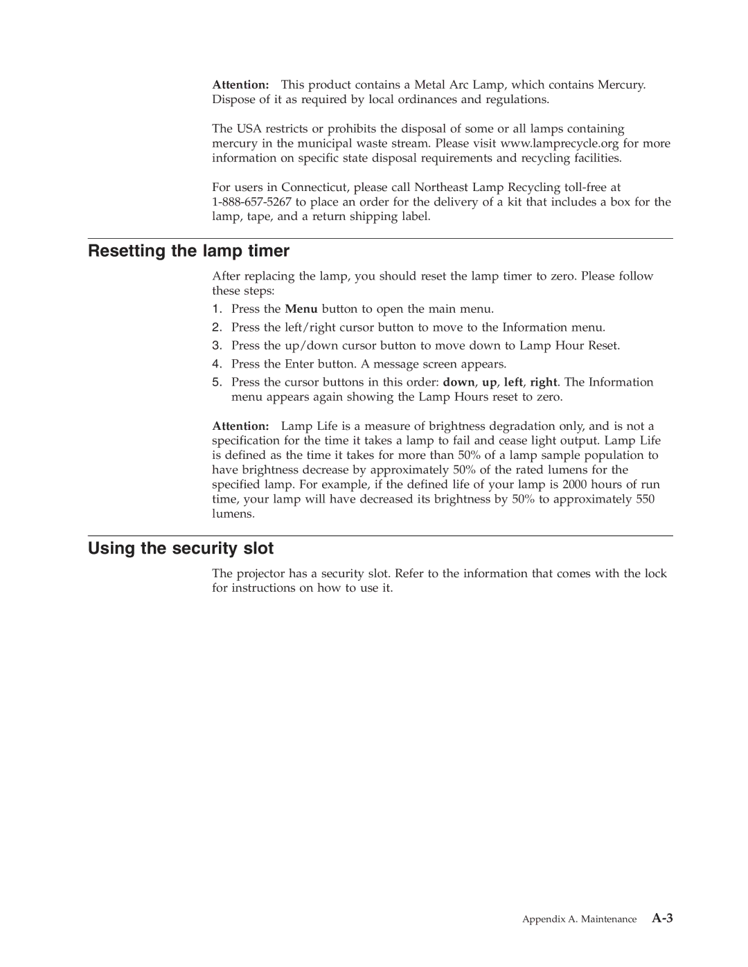 IBM Partner Pavilion PROJECTOR E400 manual Resetting the lamp timer, Using the security slot 