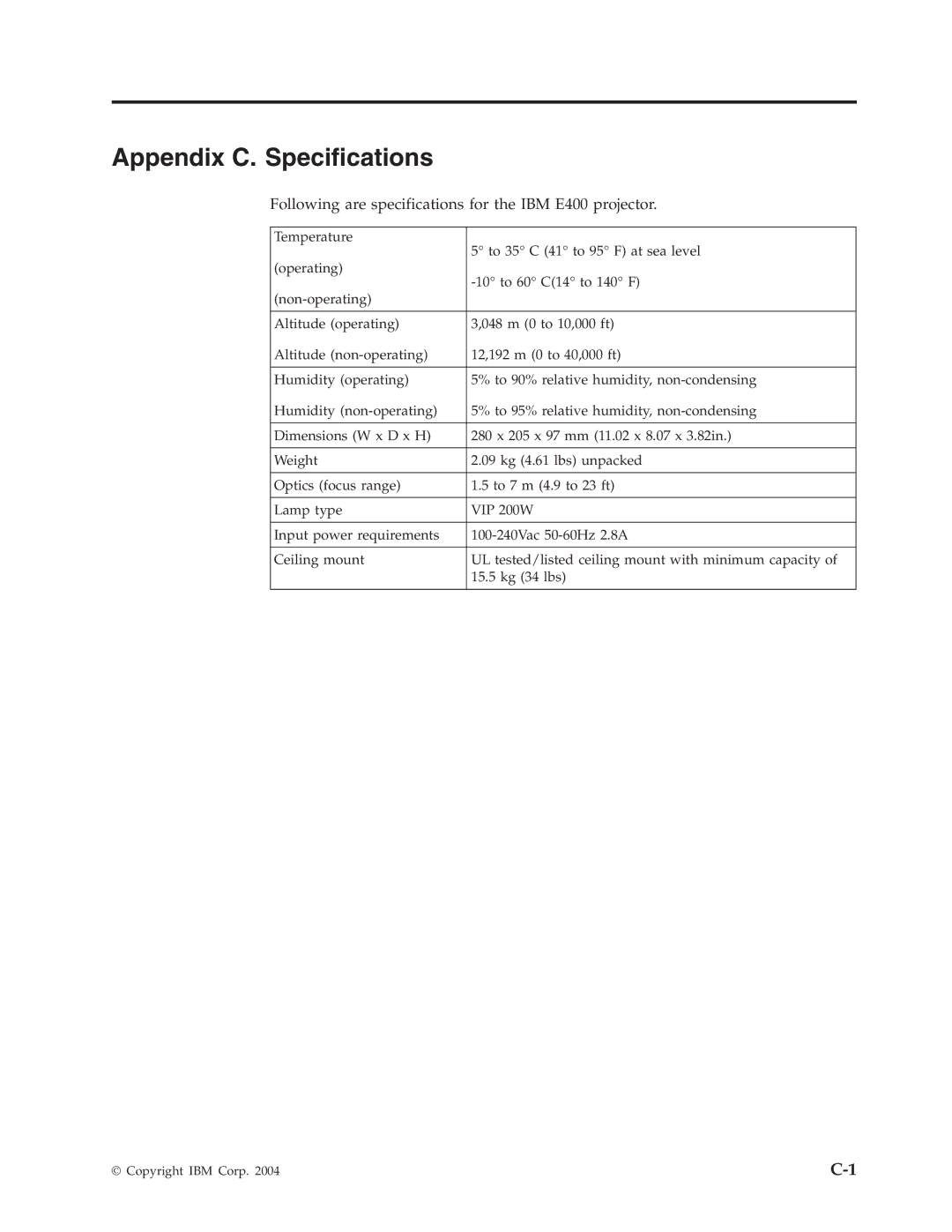 IBM Partner Pavilion PROJECTOR E400 Appendix C. Specifications, Following are specifications for the IBM E400 projector 