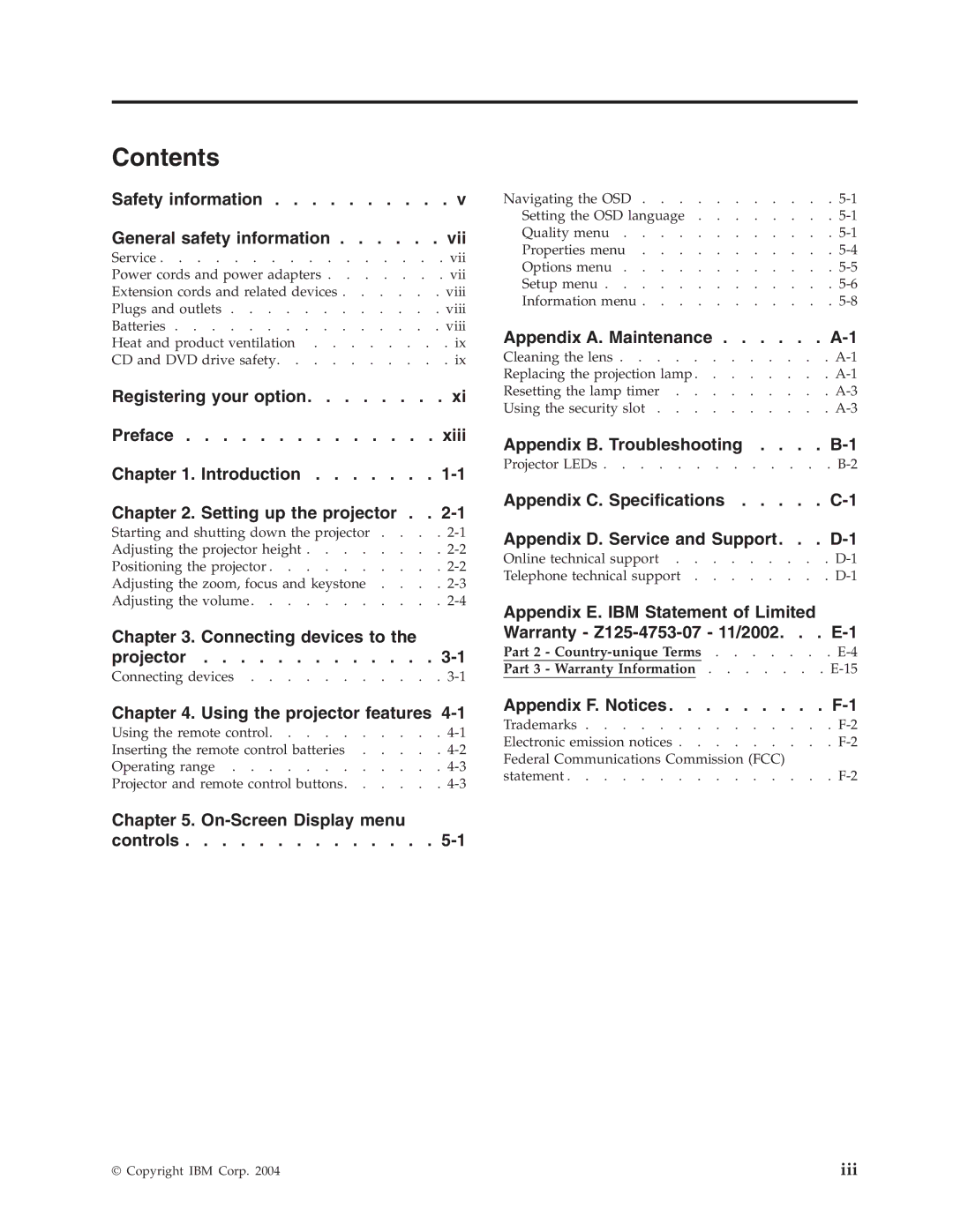 IBM Partner Pavilion PROJECTOR E400 manual Contents 