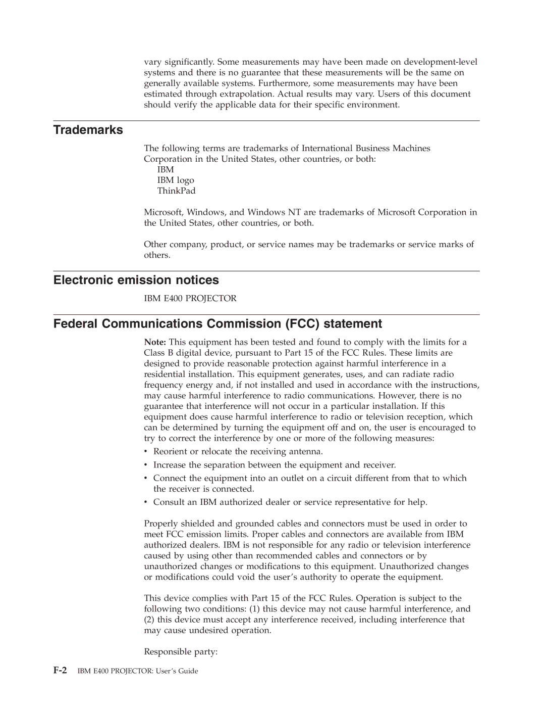 IBM Partner Pavilion PROJECTOR E400 manual Trademarks, Electronic emission notices 