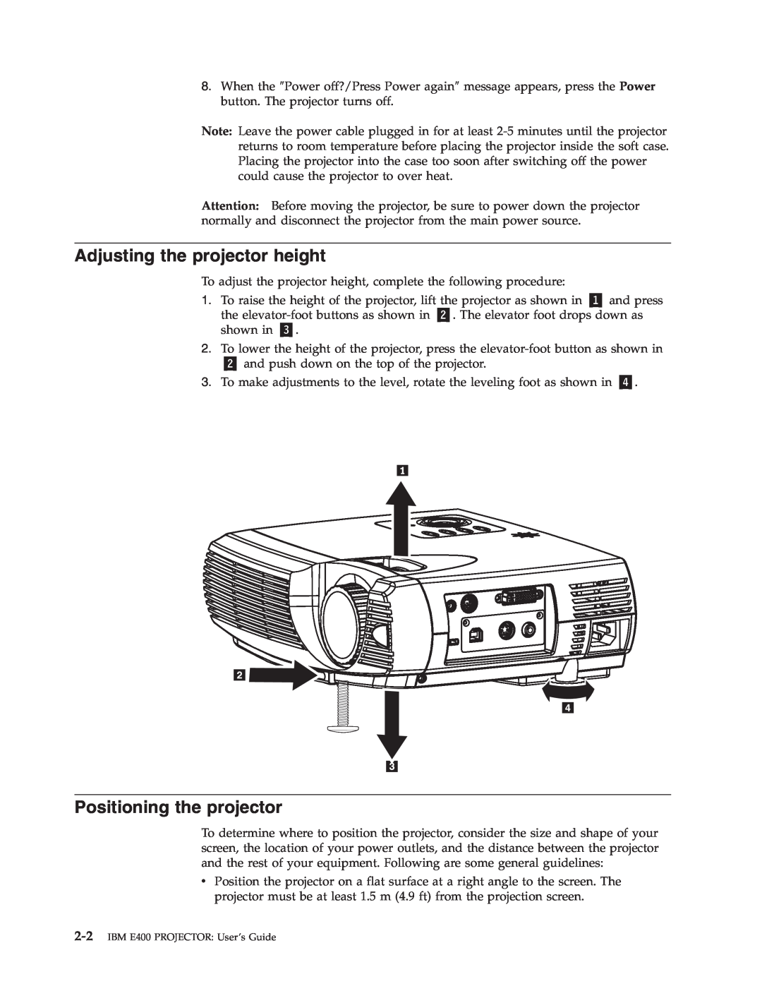 IBM Partner Pavilion PROJECTOR E400 manual Adjusting the projector height, Positioning the projector 