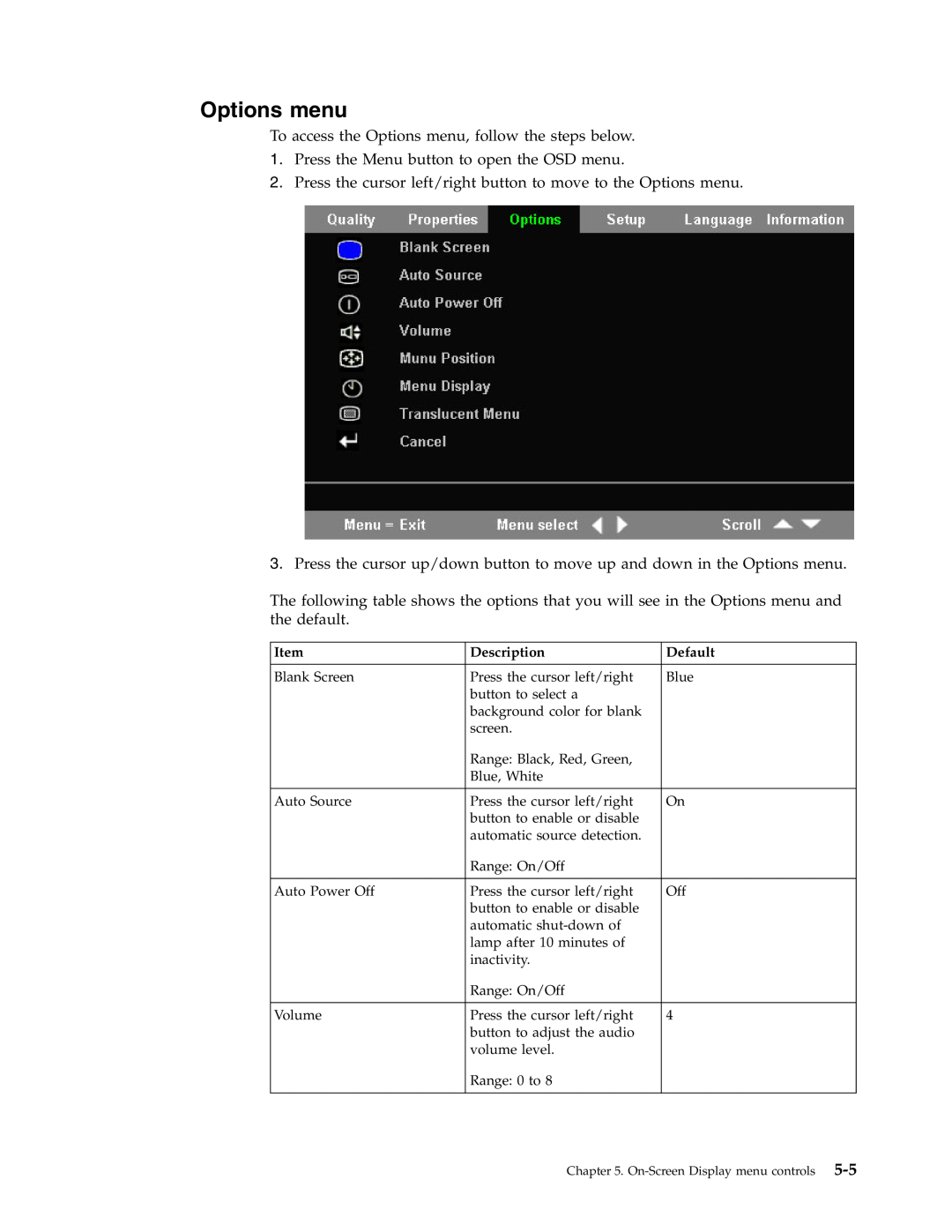 IBM Partner Pavilion PROJECTOR E400 manual Options menu 