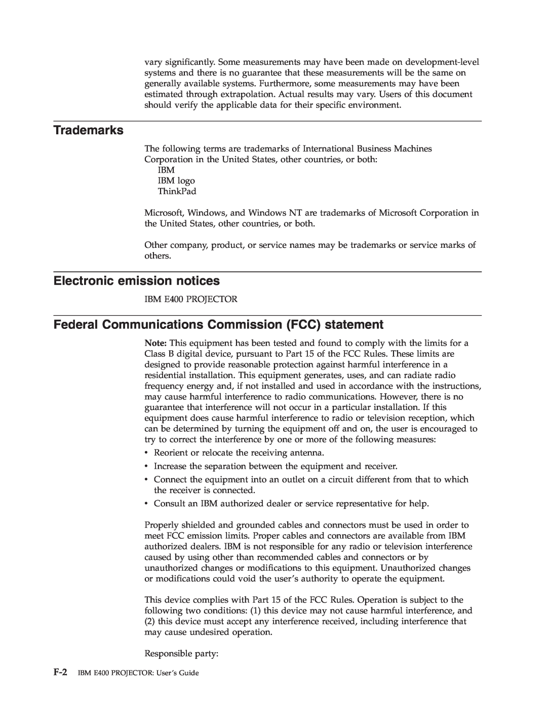 IBM Partner Pavilion PROJECTOR E400 manual Trademarks, Electronic emission notices 
