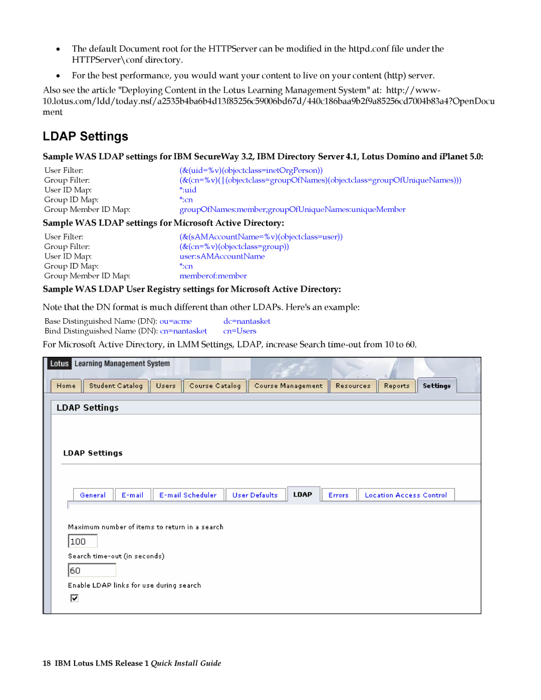 IBM Partner Pavilion R1 manual Ldap Settings, Sample WAS Ldap settings for Microsoft Active Directory 