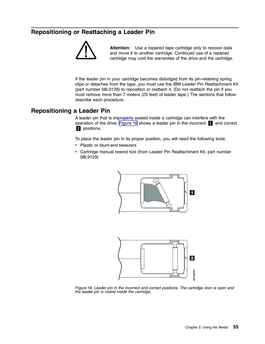 IBM Partner Pavilion T400F manual Repositioning or Reattaching a Leader Pin, Repositioning a Leader Pin 