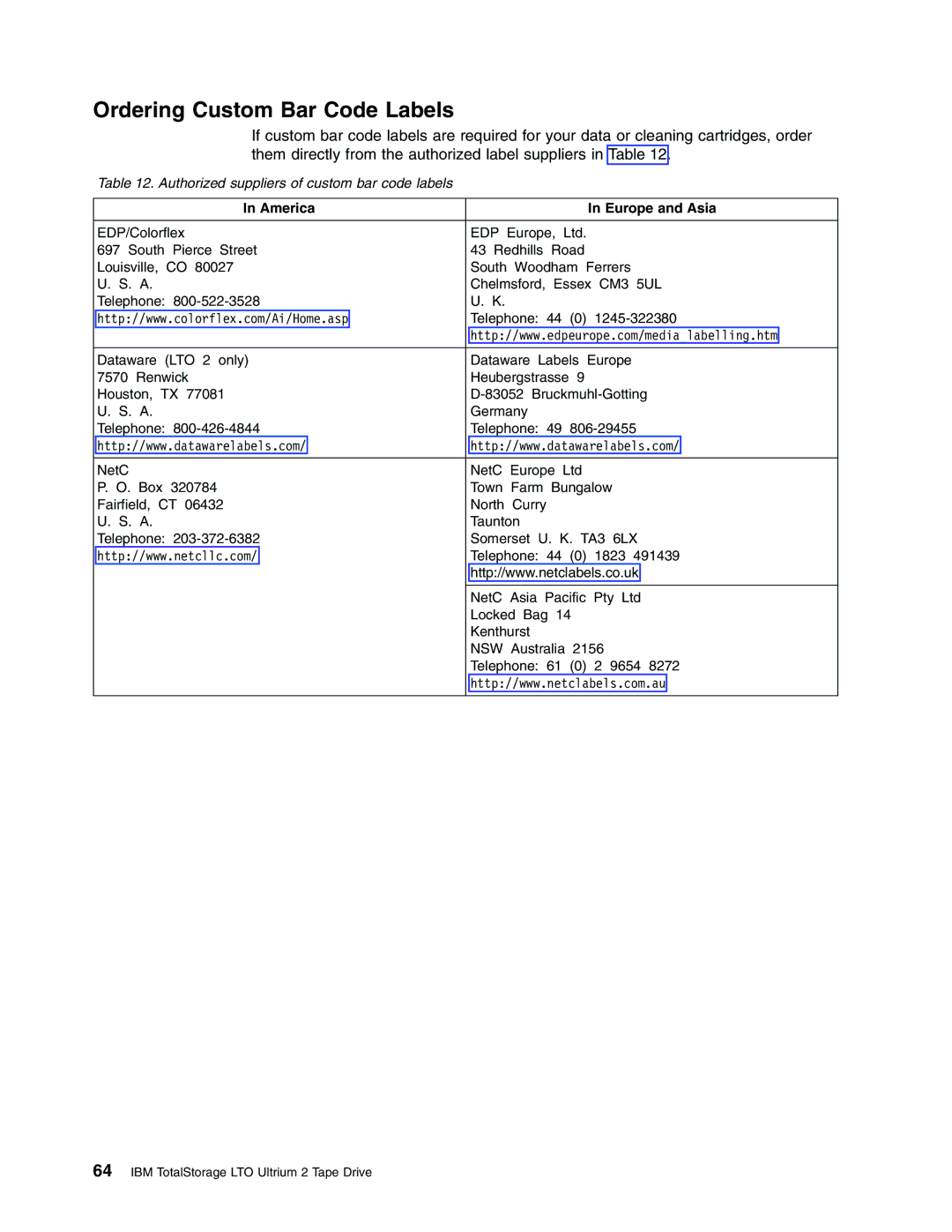 IBM Partner Pavilion T400F manual Ordering Custom Bar Code Labels, America Europe and Asia 