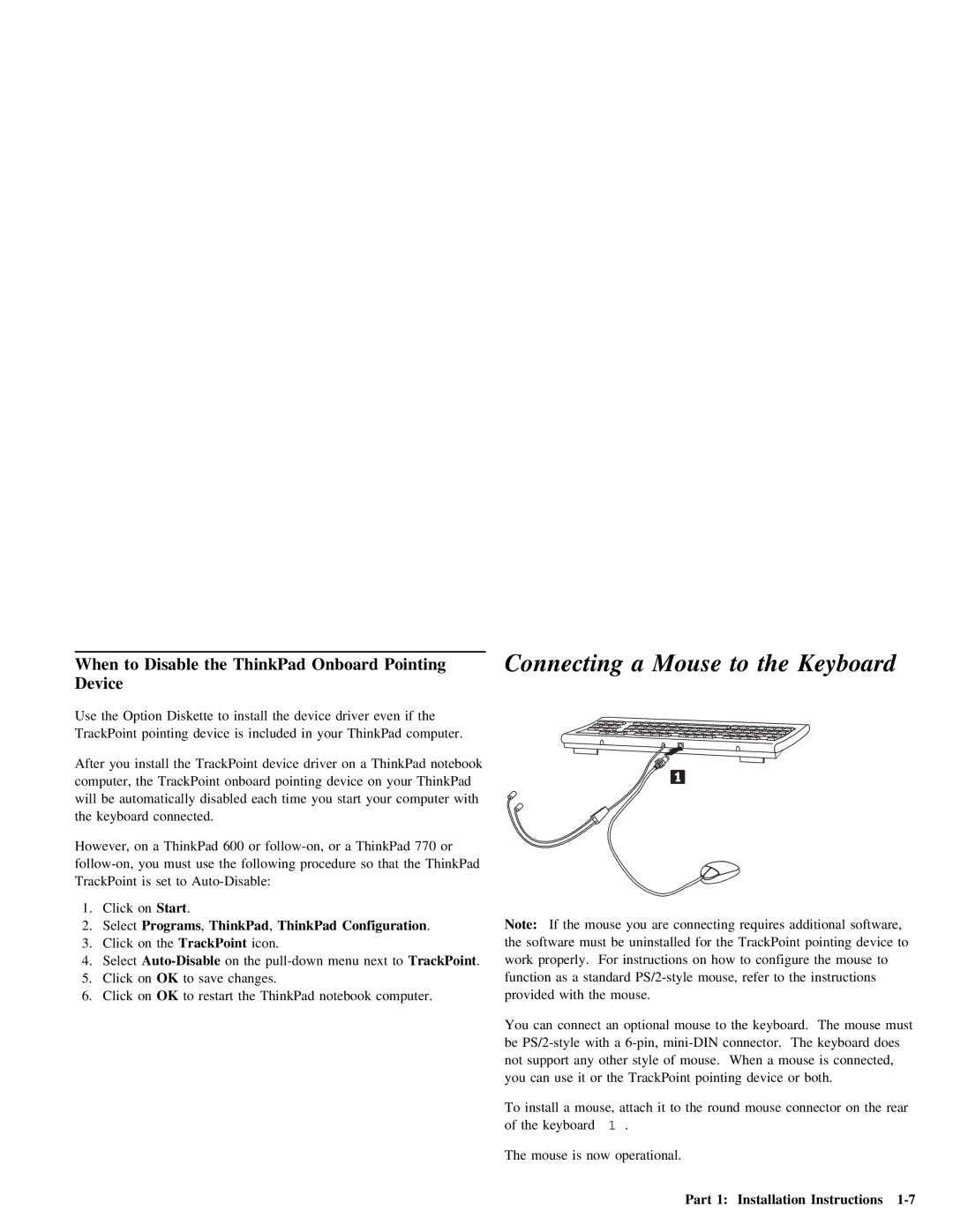 IBM Partner Pavilion TrackPoint manual Connecting a Mouse to the Keyboard, On Start 