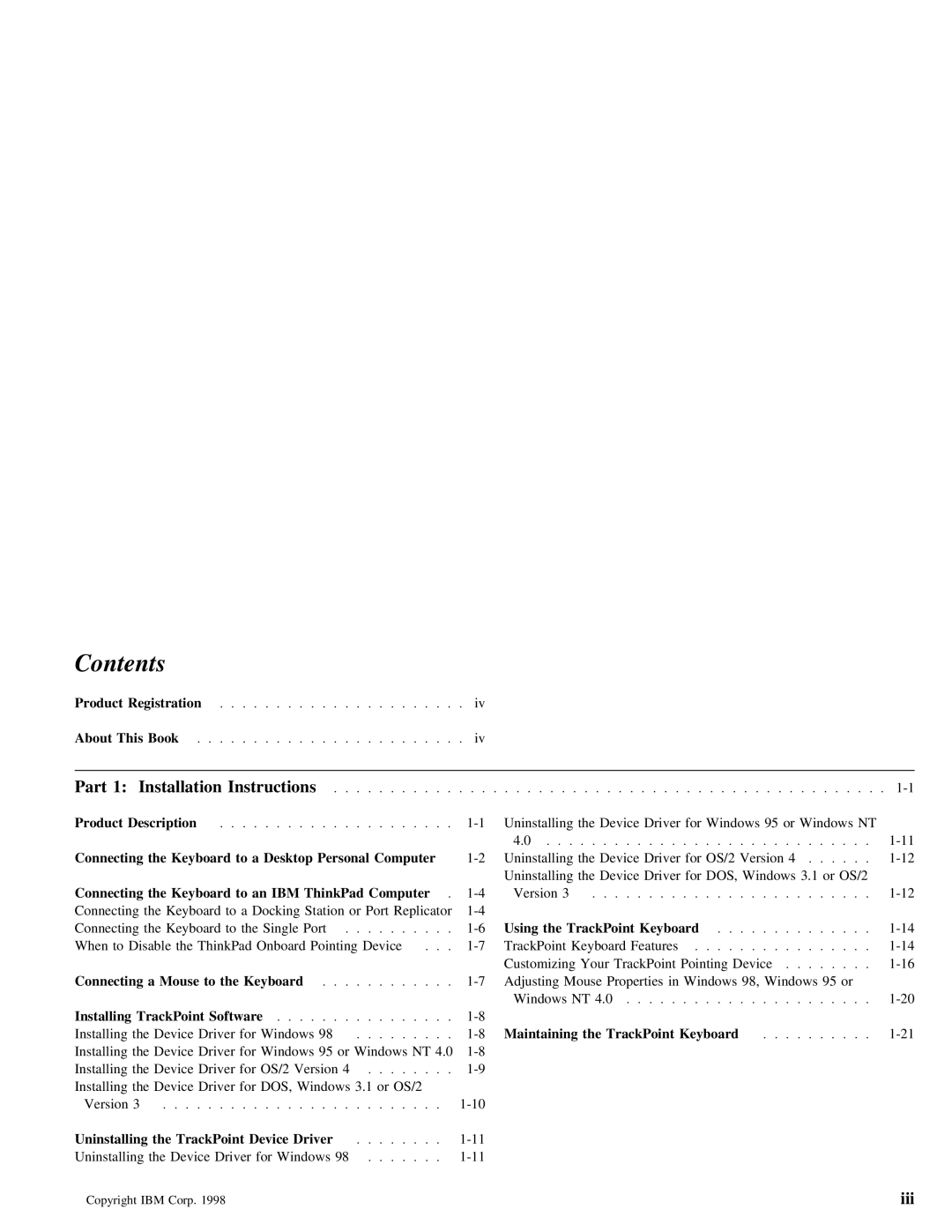 IBM Partner Pavilion TrackPoint manual Contents 