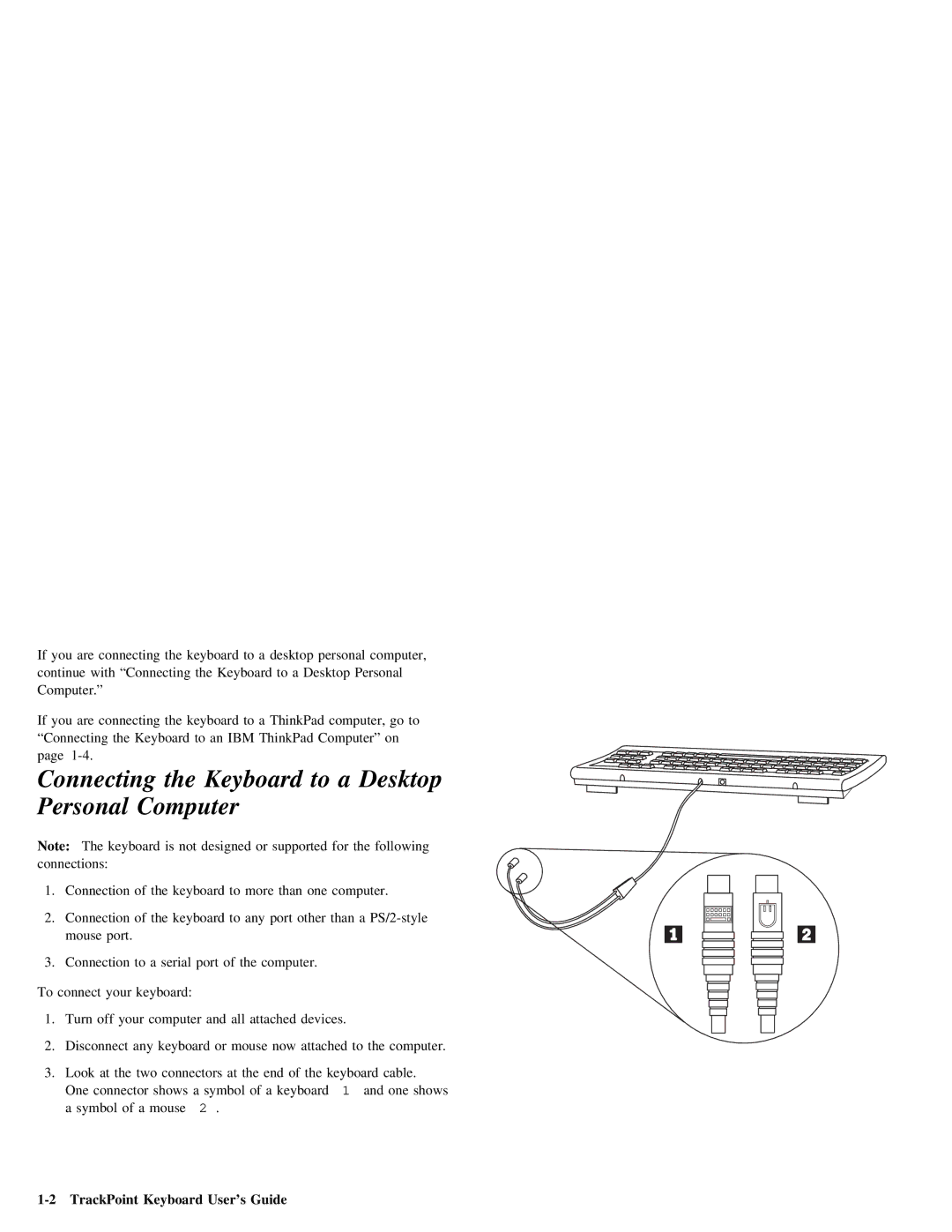 IBM Partner Pavilion manual Connecting the Keyboard to a Desktop Personal Computer, TrackPoint Keyboard User’s Guide 