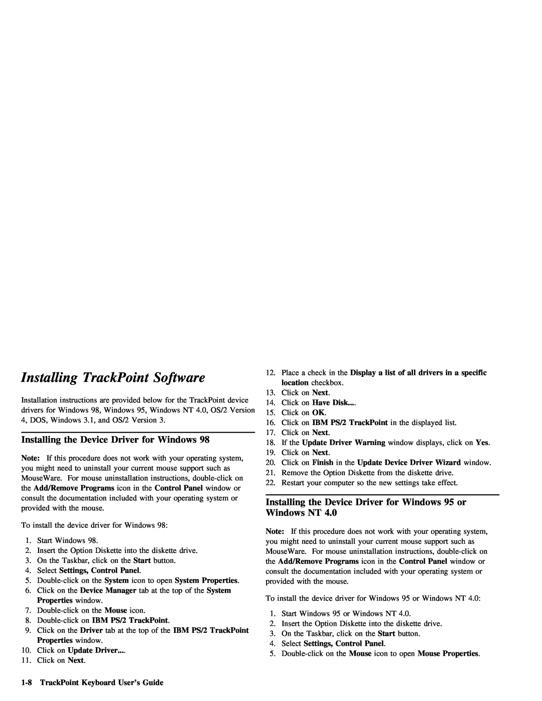 IBM Partner Pavilion TrackPoint manual Installing, Software, Driver 
