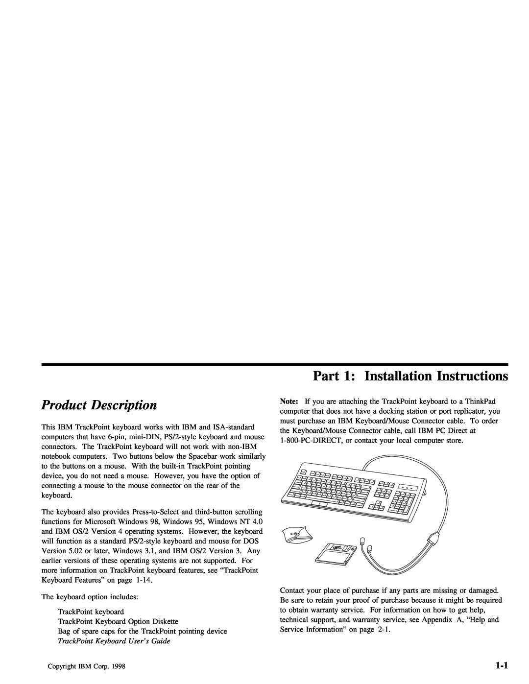 IBM Partner Pavilion TrackPoint manual Part, Description, User’s, Product, Installation Instructions 