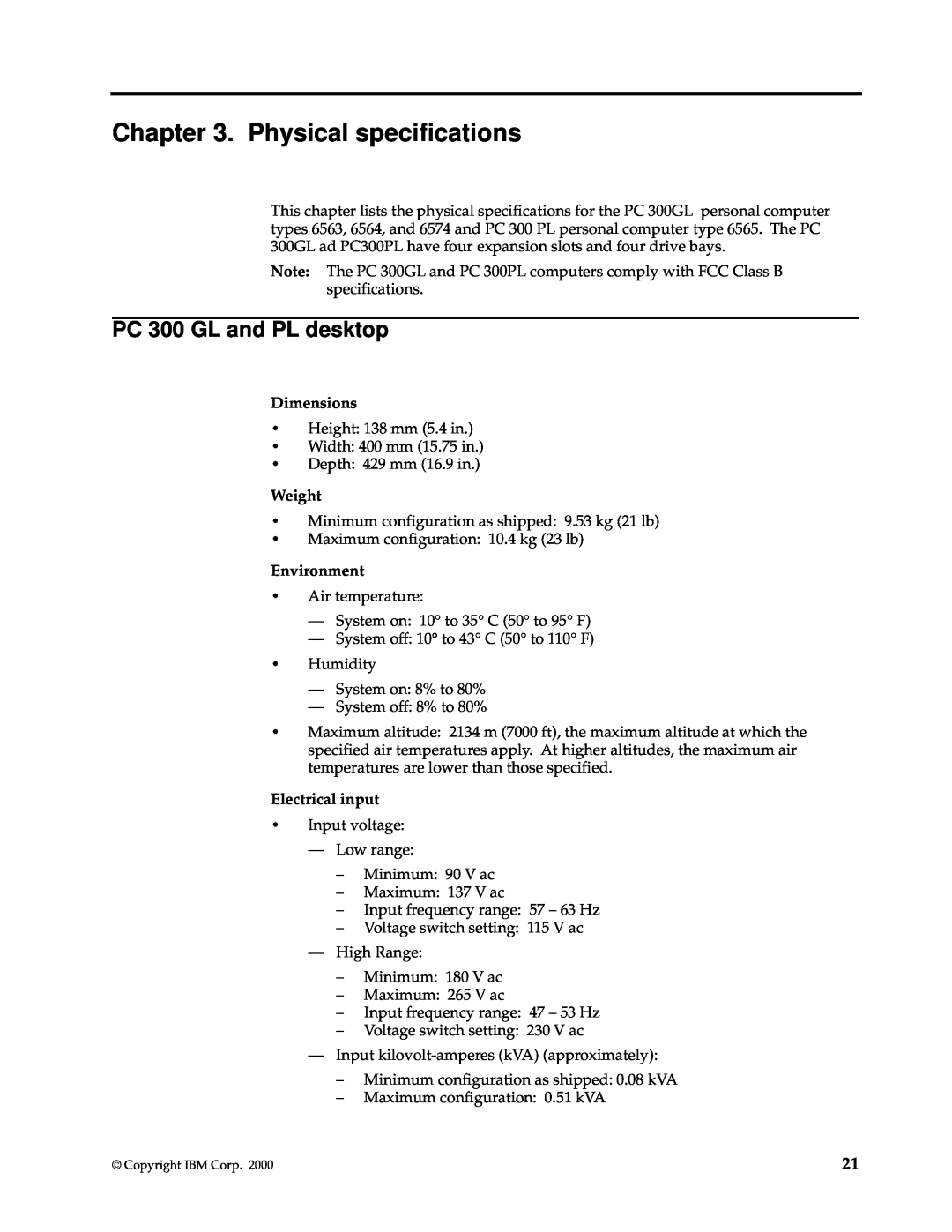 IBM PC 300GL manual Physical specifications, PC 300 GL and PL desktop 