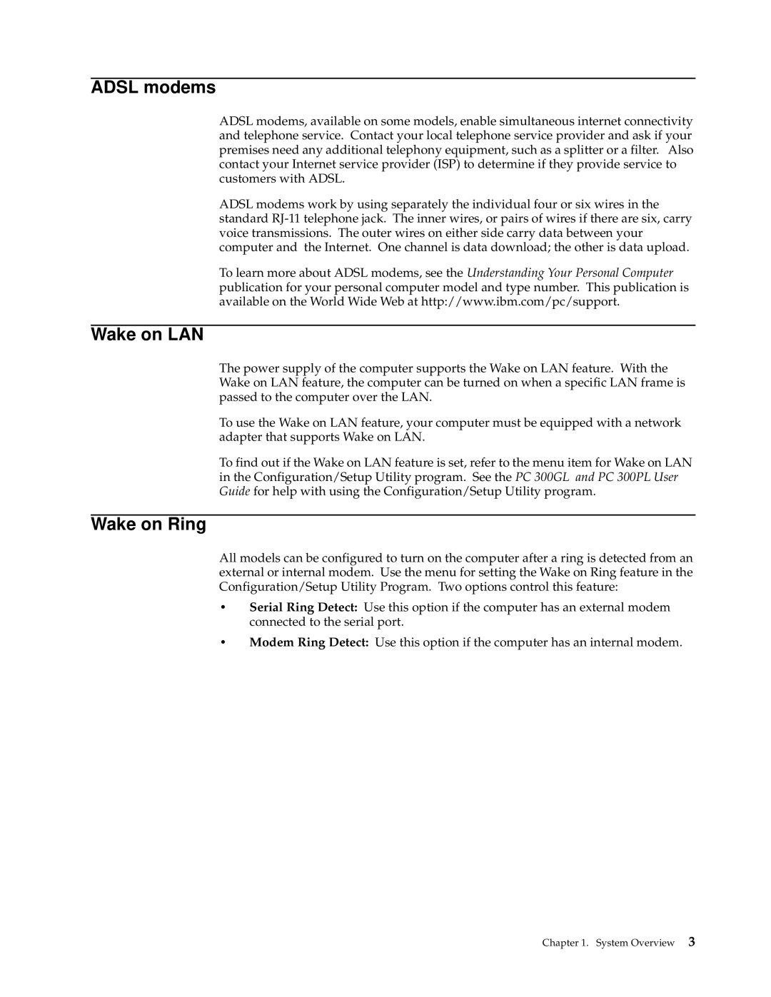 IBM PC 300GL manual Adsl modems, Wake on LAN, Wake on Ring 