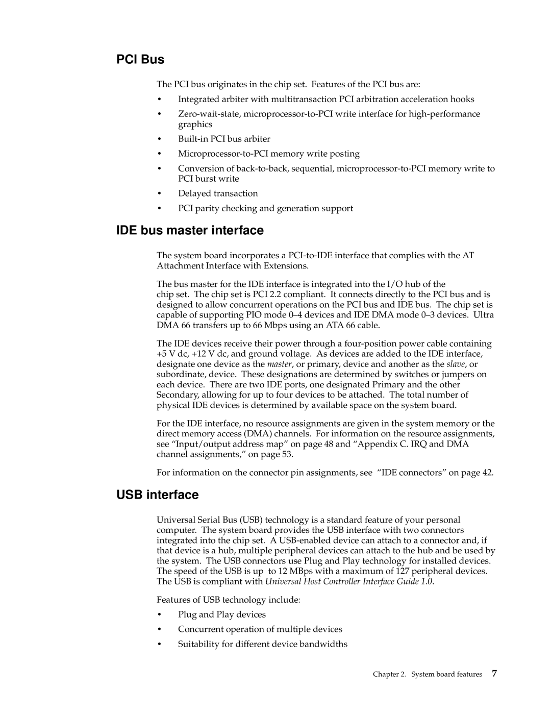 IBM PC 300GL manual PCI Bus, IDE bus master interface, USB interface 