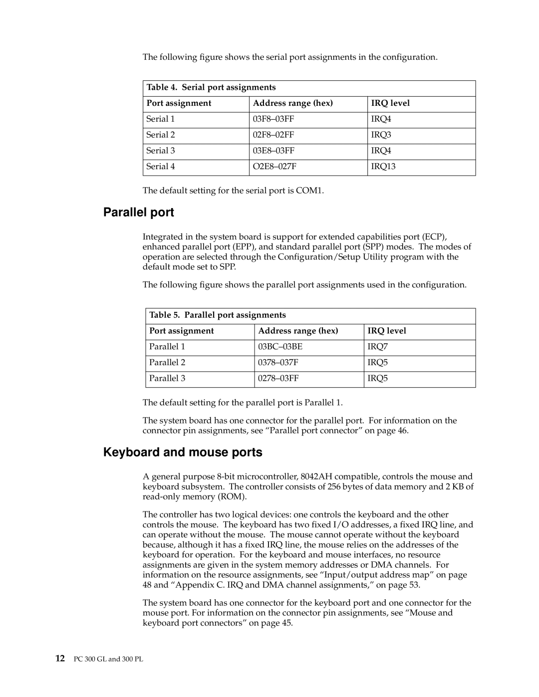 IBM PC 300GL manual Parallel port, Keyboard and mouse ports 