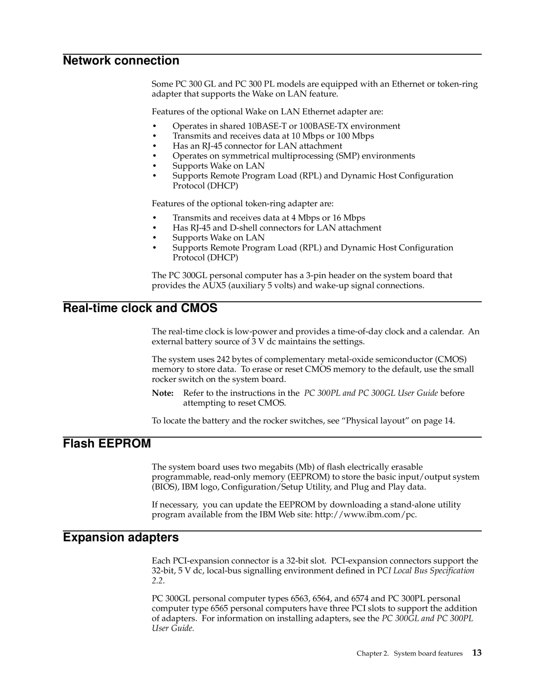 IBM PC 300GL manual Network connection, Real-time clock and Cmos, Flash Eeprom, Expansion adapters 