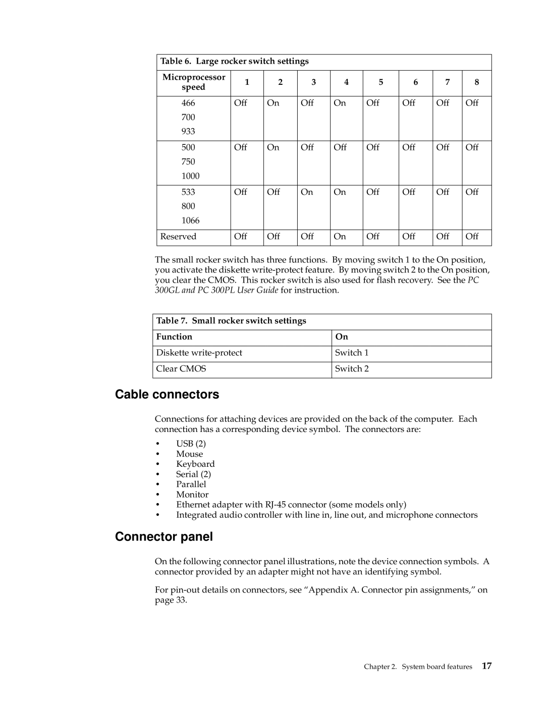 IBM PC 300GL manual Cable connectors, Connector panel, Small rocker switch settings Function 