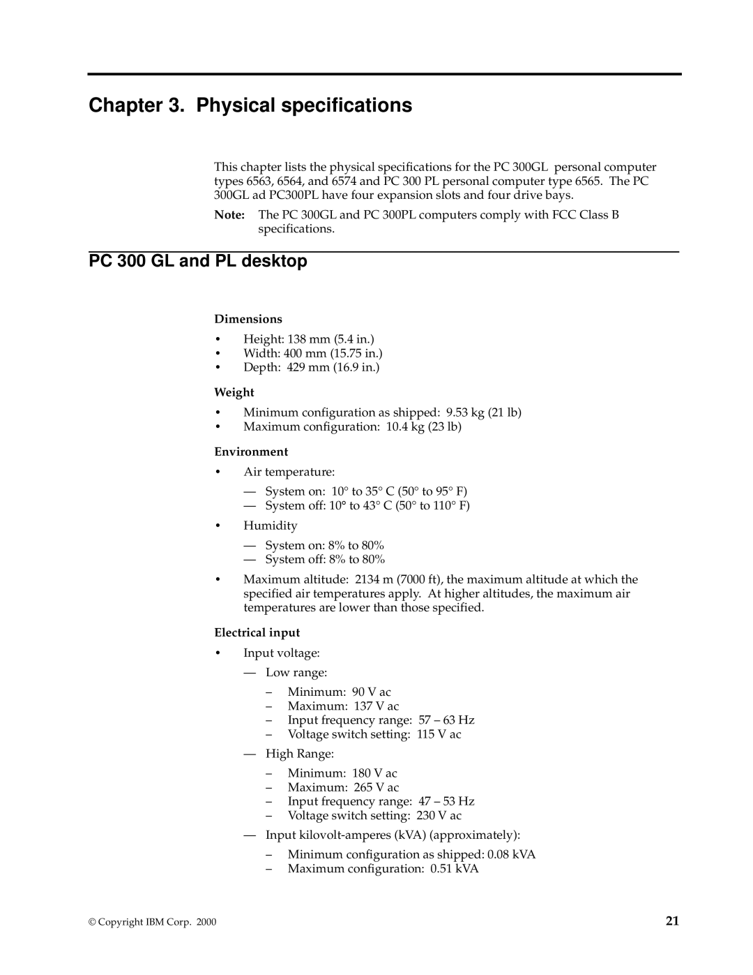 IBM PC 300GL manual Physical specifications, PC 300 GL and PL desktop 