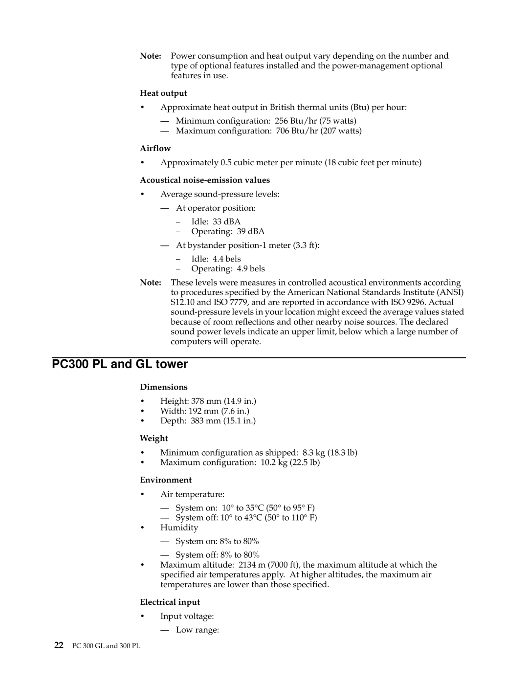 IBM PC 300GL manual PC300 PL and GL tower, Heat output, Airflow, Acoustical noise-emission values 