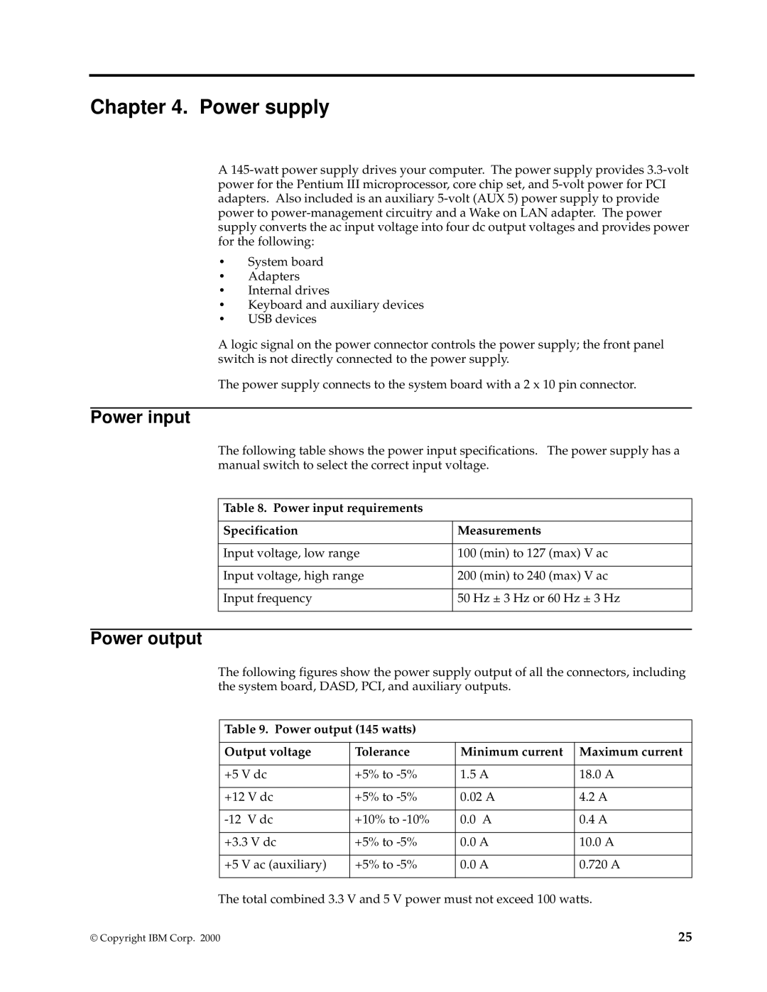 IBM PC 300GL manual Power supply, Power output, Power input requirements Specification Measurements 