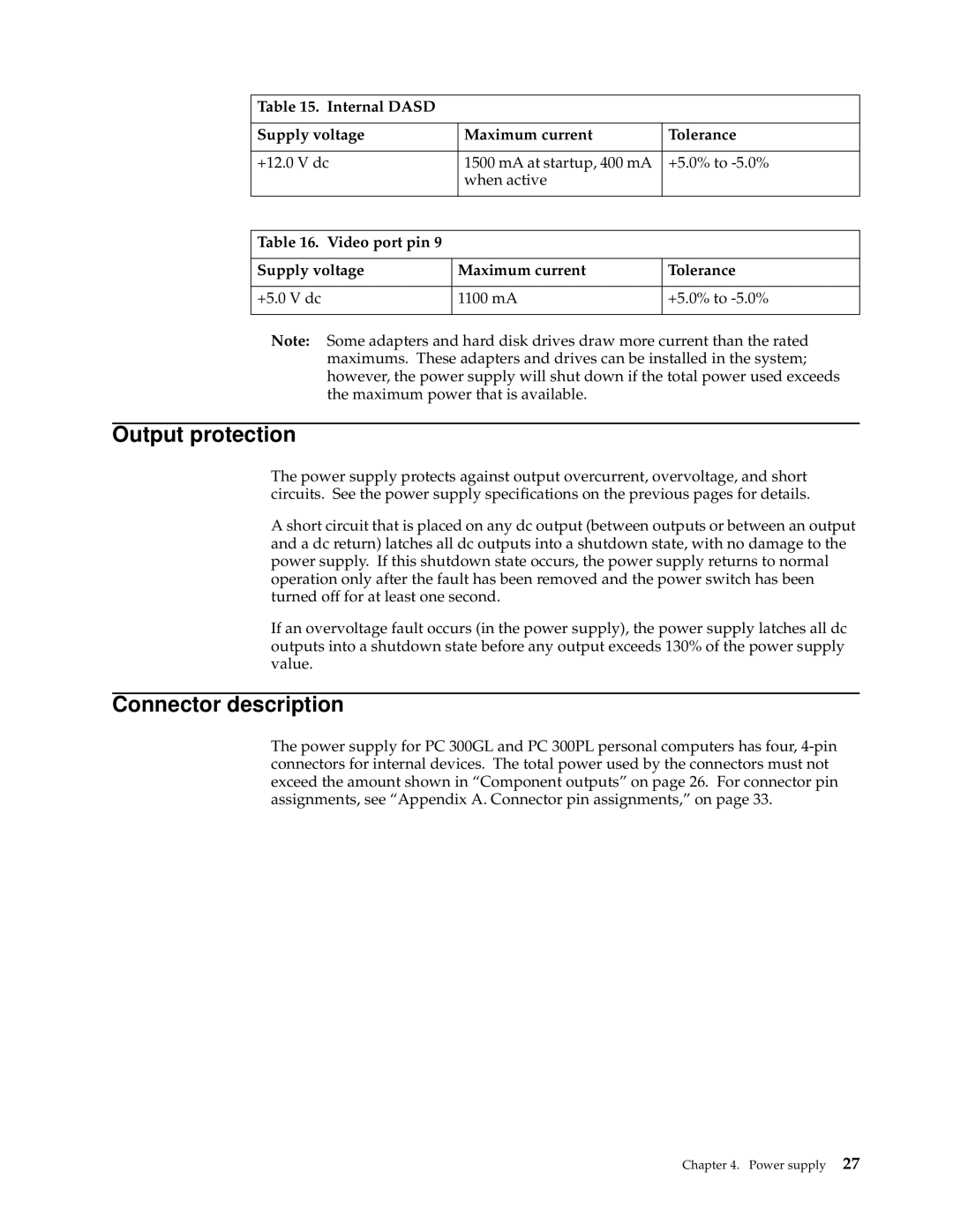 IBM PC 300GL manual Output protection, Connector description, Video port pin Supply voltage Maximum current Tolerance 