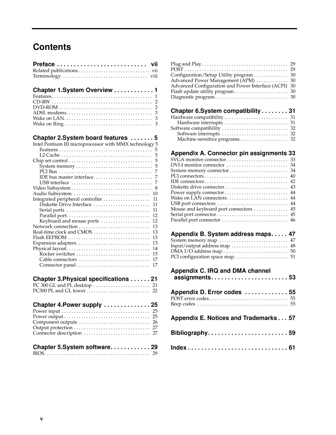 IBM PC 300GL manual Contents 