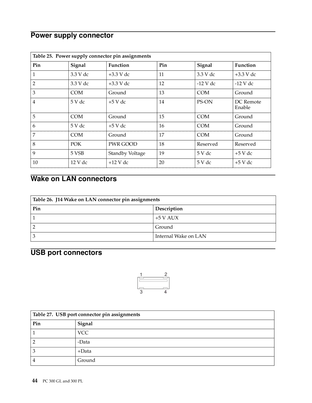 IBM PC 300GL manual Power supply connector, Wake on LAN connectors, USB port connectors 