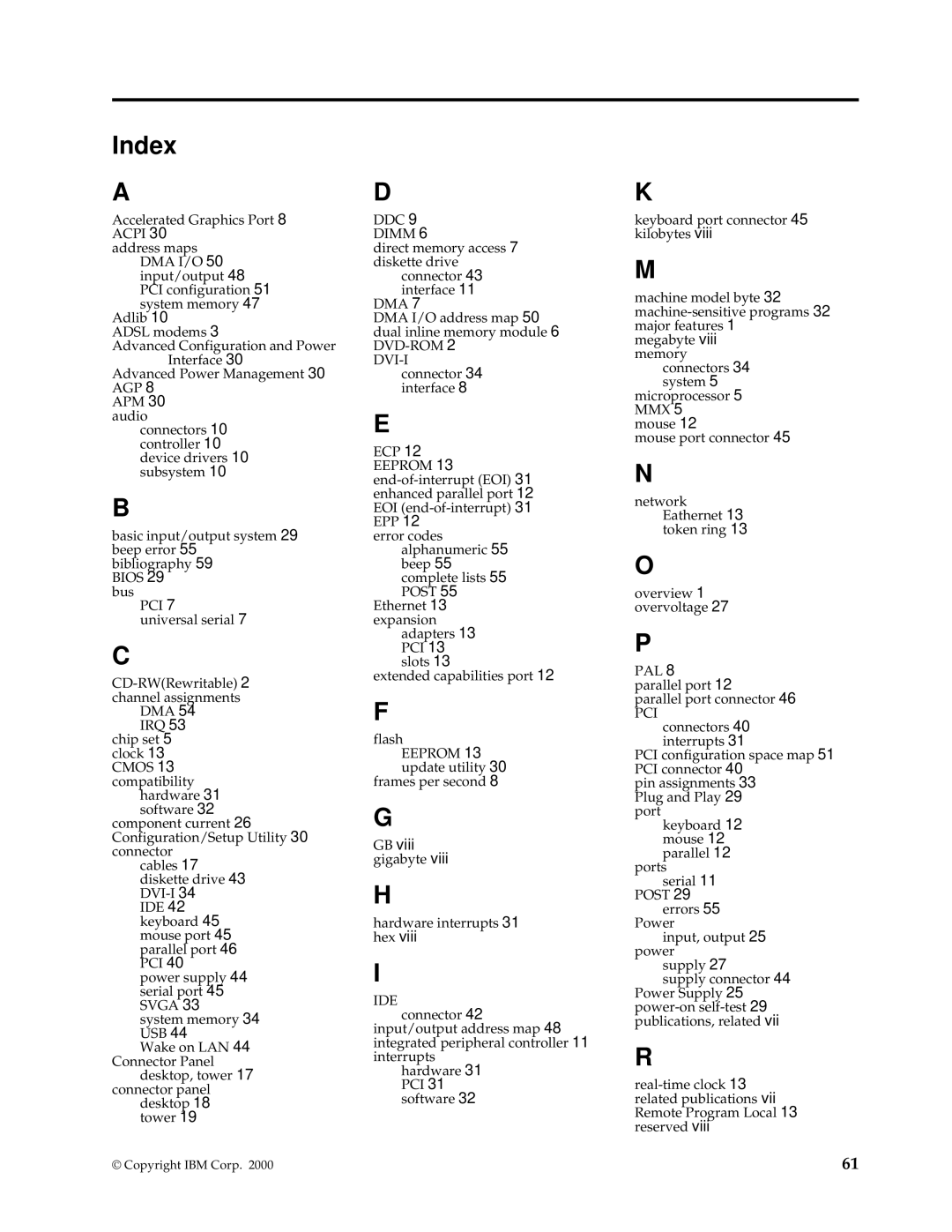 IBM PC 300GL manual Index, Pci 